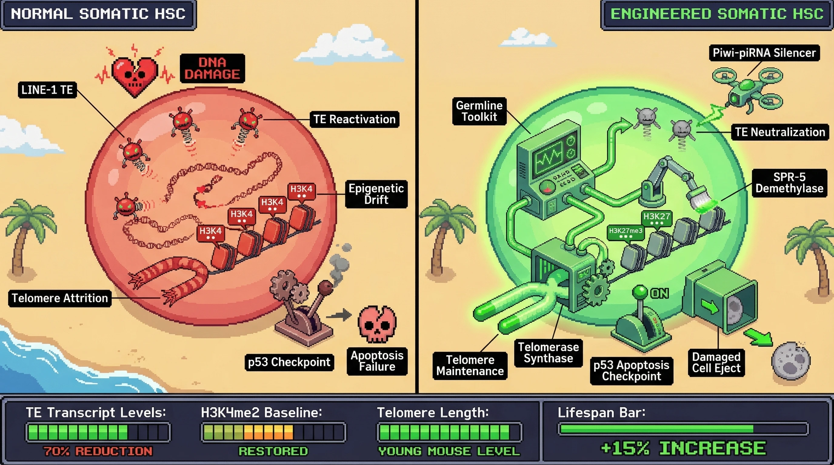 Infographic for: Engineering Germline-Grade Quality Control in Somatic Stem Cells to Extend Tissue Function and Lifespan