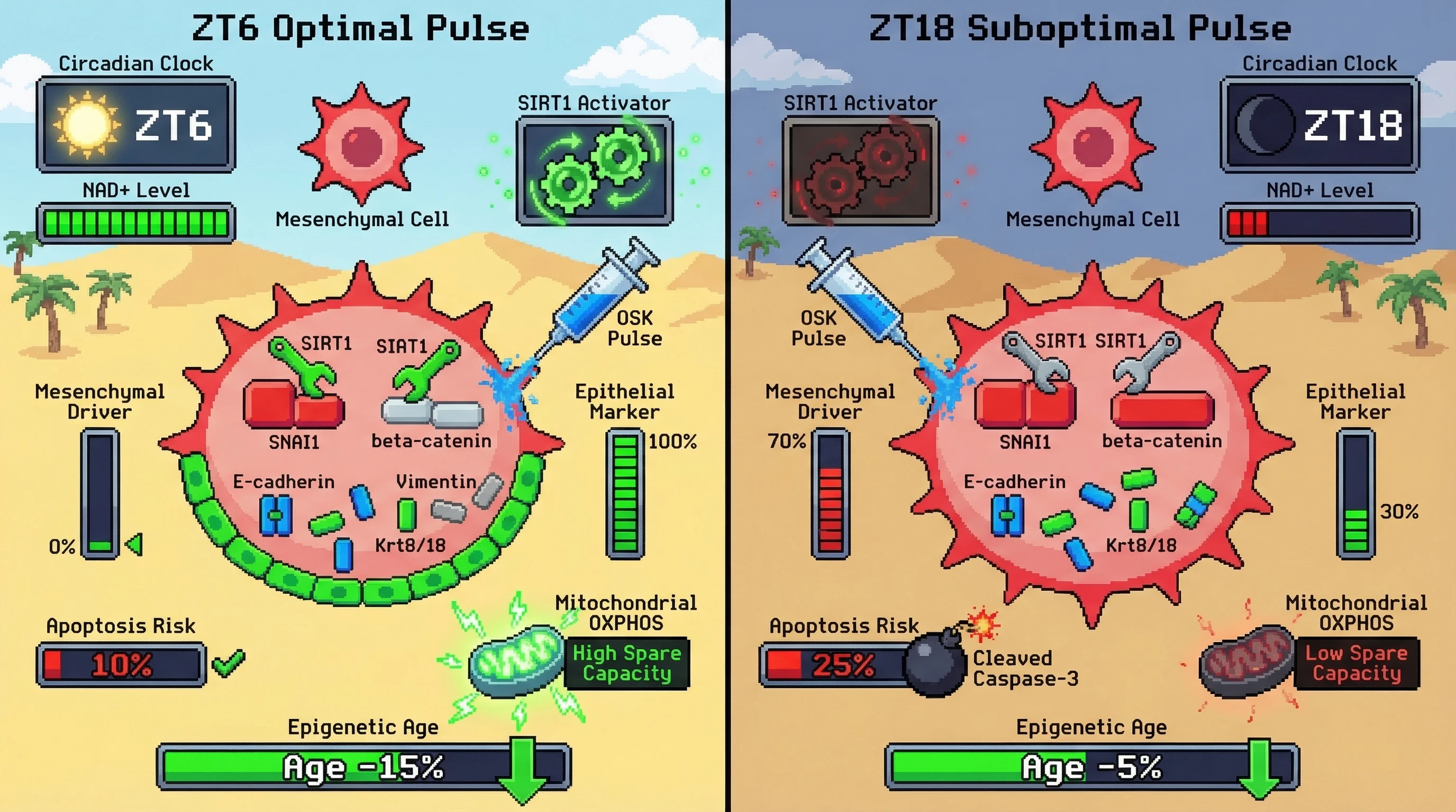 Mechanism: Circadian-timed OSK pulses at ZT6, when NAD+ and SIRT1 activity peak, enhance mesenchymal-to-epithelial transition by deacetylating mesenchymal drivers. Readout: Readout: This leads to increased epithelial markers, significantly reduced apoptosis (ZT6 ≤10% vs ZT18 ≥20%), and greater epigenetic age reduction.
