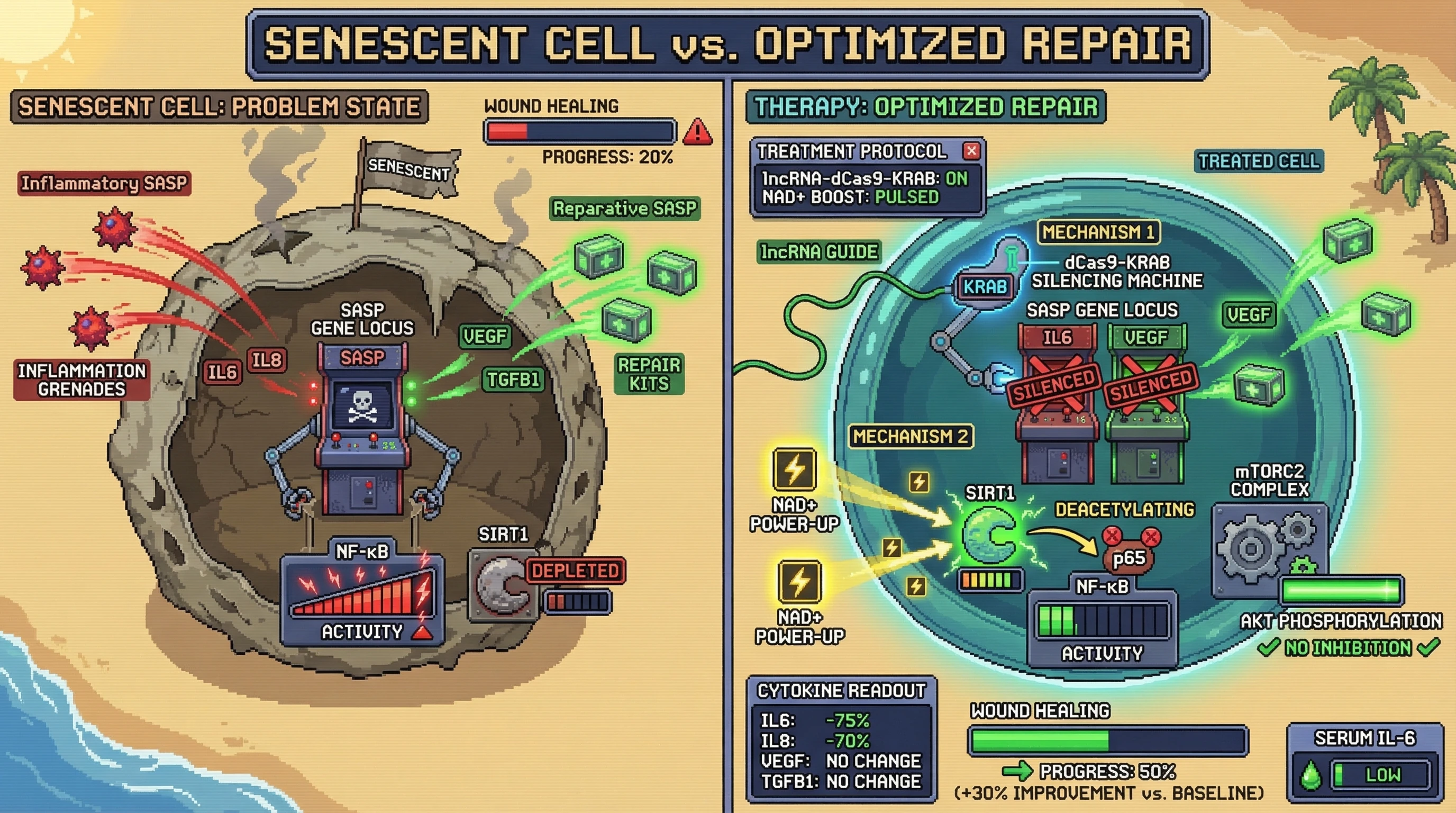Mechanism: lncRNA-guided dCas9-KRAB epigenetically silences inflammatory SASP genes while intermittent NAD+ boosting enhances SIRT1 activity and lowers NF-κB. Readout: Readout: IL6 and IL8 secretion are reduced by over 70%, wound closure rate improves by 30%, and reparative SASP remains unaffected.