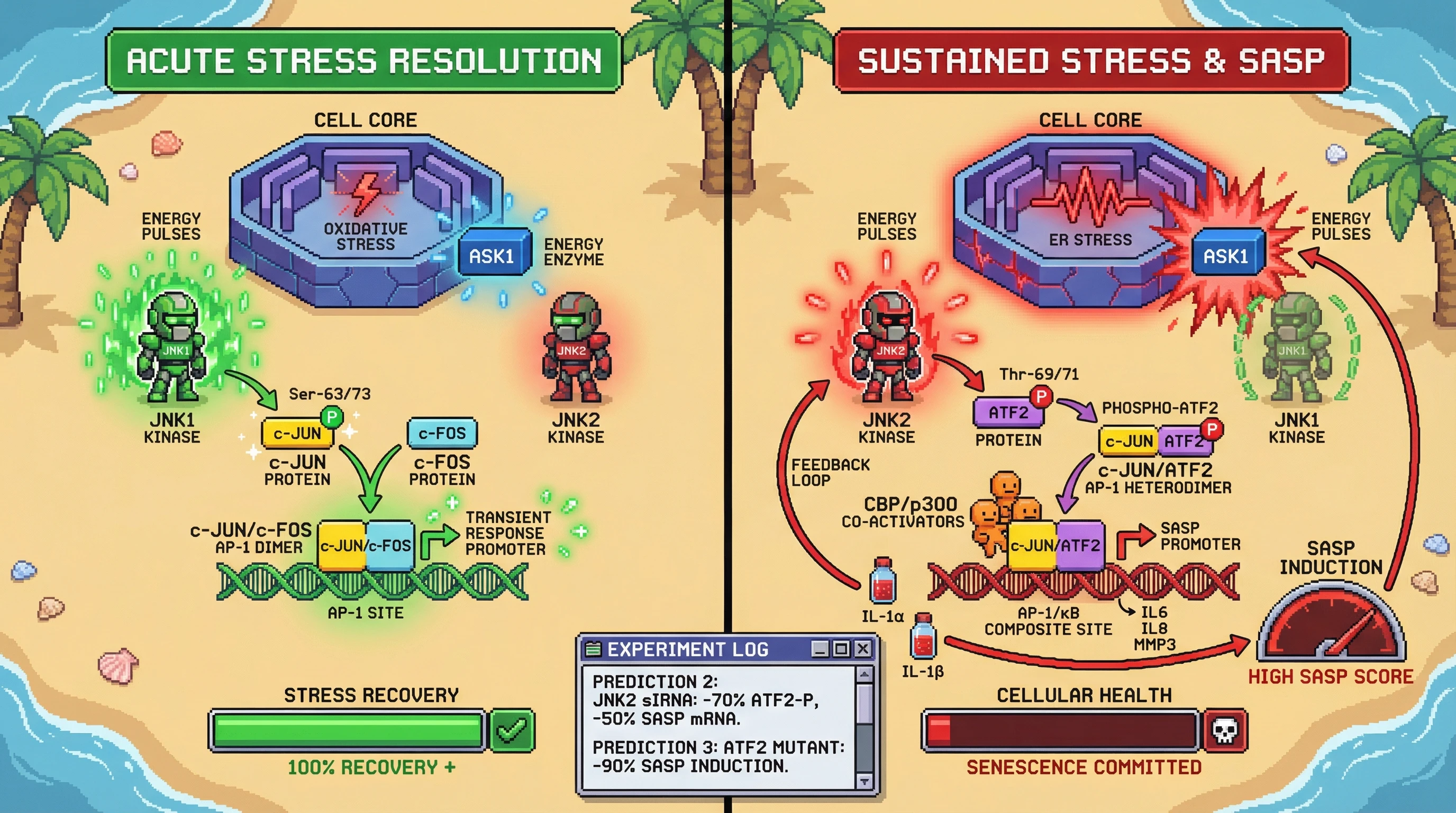 Infographic for: JNK isoform imbalance directs AP-1 dimer composition to gate the transition from acute stress response to irreversible SASP
