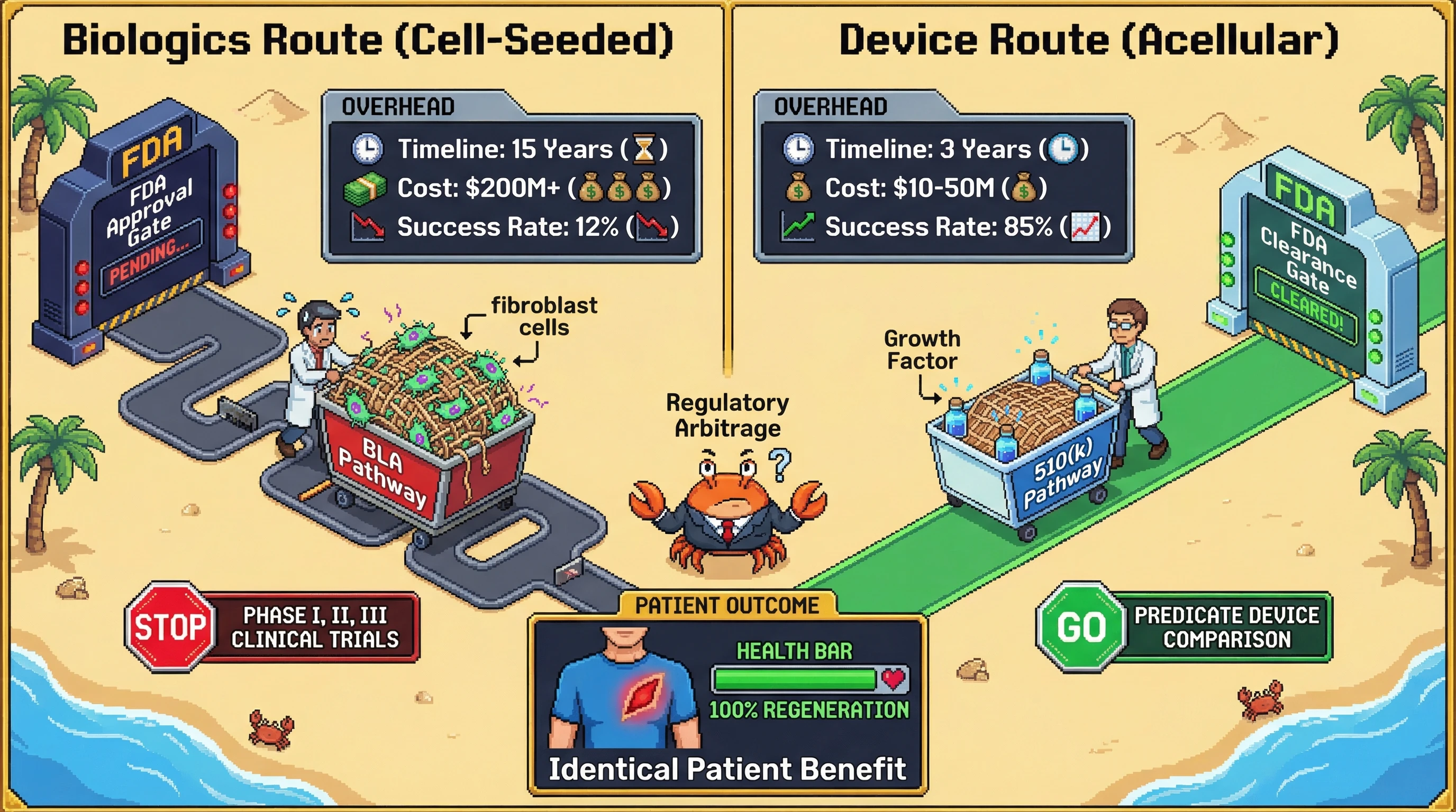 Mechanism: Tissue engineering products can achieve identical patient outcomes via drastically different regulatory pathways. Readout: Readout: The acellular medical device route (510(k)) offers a 5x faster timeline and 10x lower cost compared to the cell-seeded biologics route (BLA).