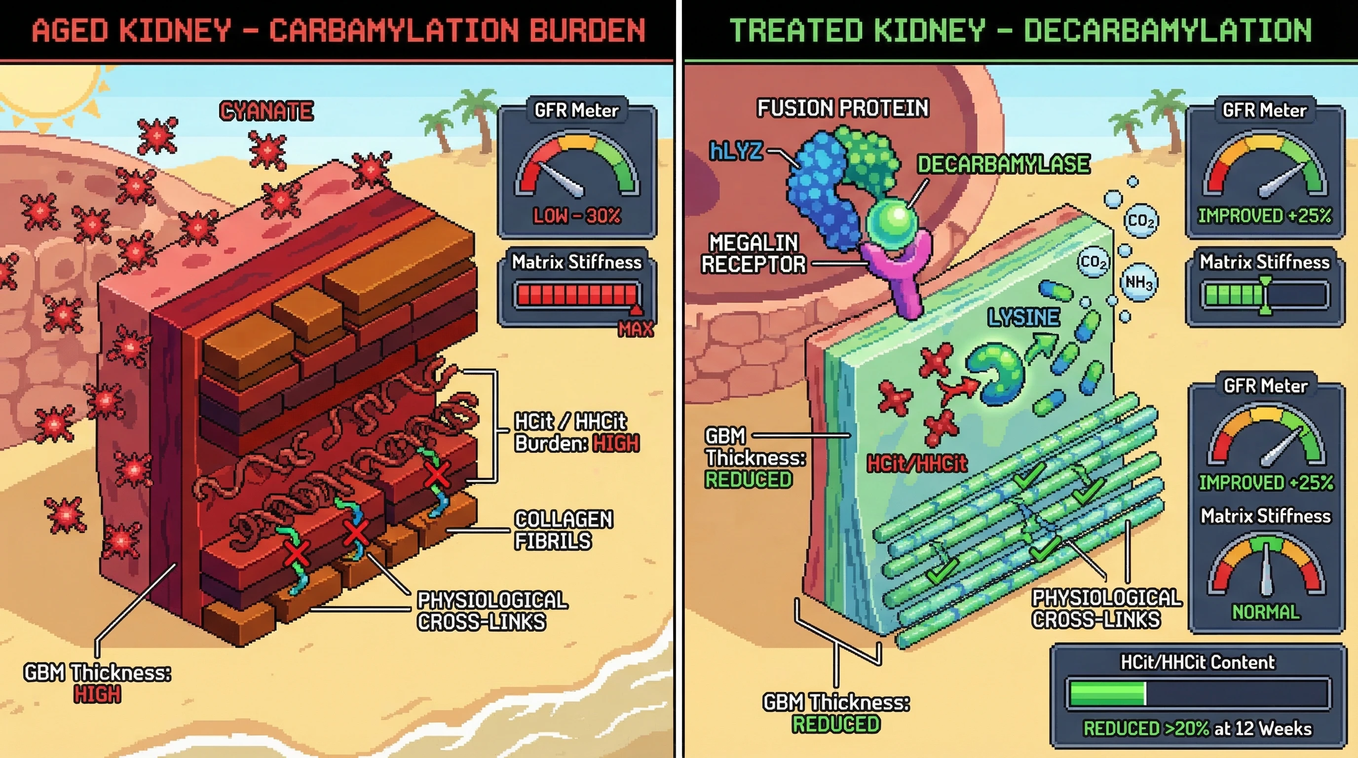 Mechanism: A kidney-targeted fusion protein carrying a decarbamylase enzyme hydrolyzes homocitrulline and hydroxyhomocitrulline in the glomerular basement membrane, reversing age-related carbamylation damage. Readout: Readout: Glomerular filtration mechanics improve by 25%, matrix stiffness normalizes, and HCit/HHCit content in the GBM is reduced by over 20% within 12 weeks.