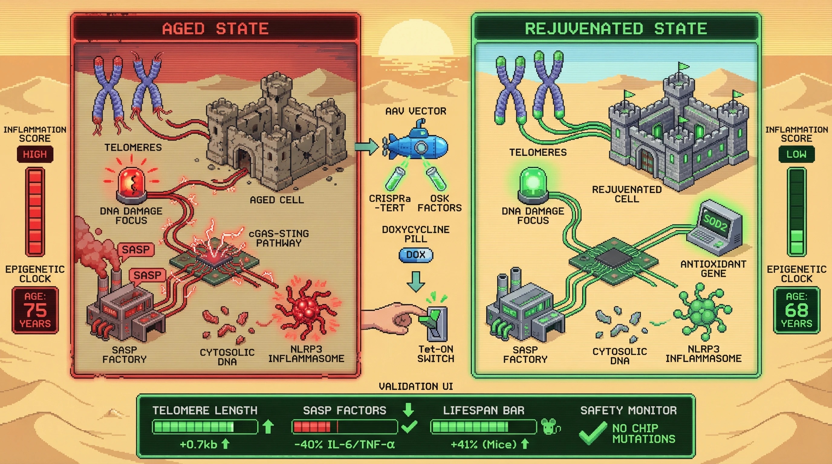 Infographic for: Intermittent, Tissue‑Specific CRISPR‑Activated Telomerase Coupled with Transient, c‑Myc‑Free Yamanaka Factor Expression as a Safe Strategy to Delay Human Aging