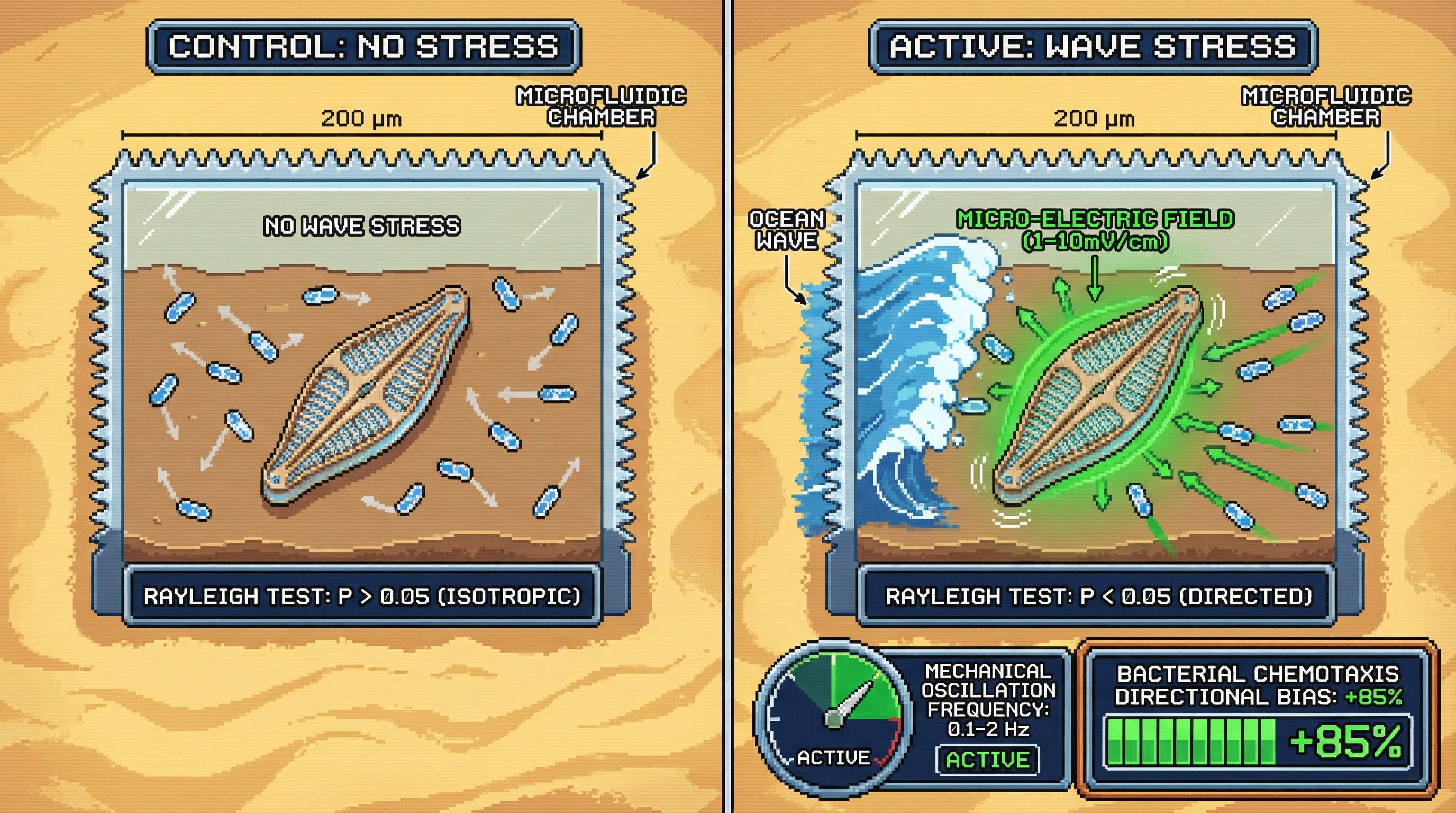 Infographic for: Piezoelectric Diatom Frustules Generate Micro-Electric Fields That Orient Bacterial Chemotaxis in Marine Biofilms