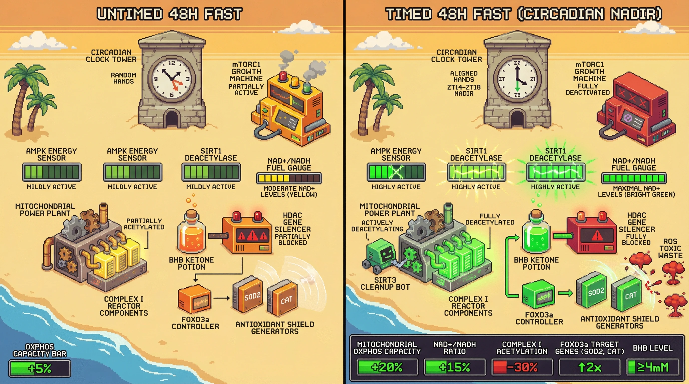Infographic for: Timing 48‑hour fasts to the circadian nadir of mTORC1 amplifies mitochondrial NAD⁺ salvage and SIRT3 activity for enhanced oxidative capacity