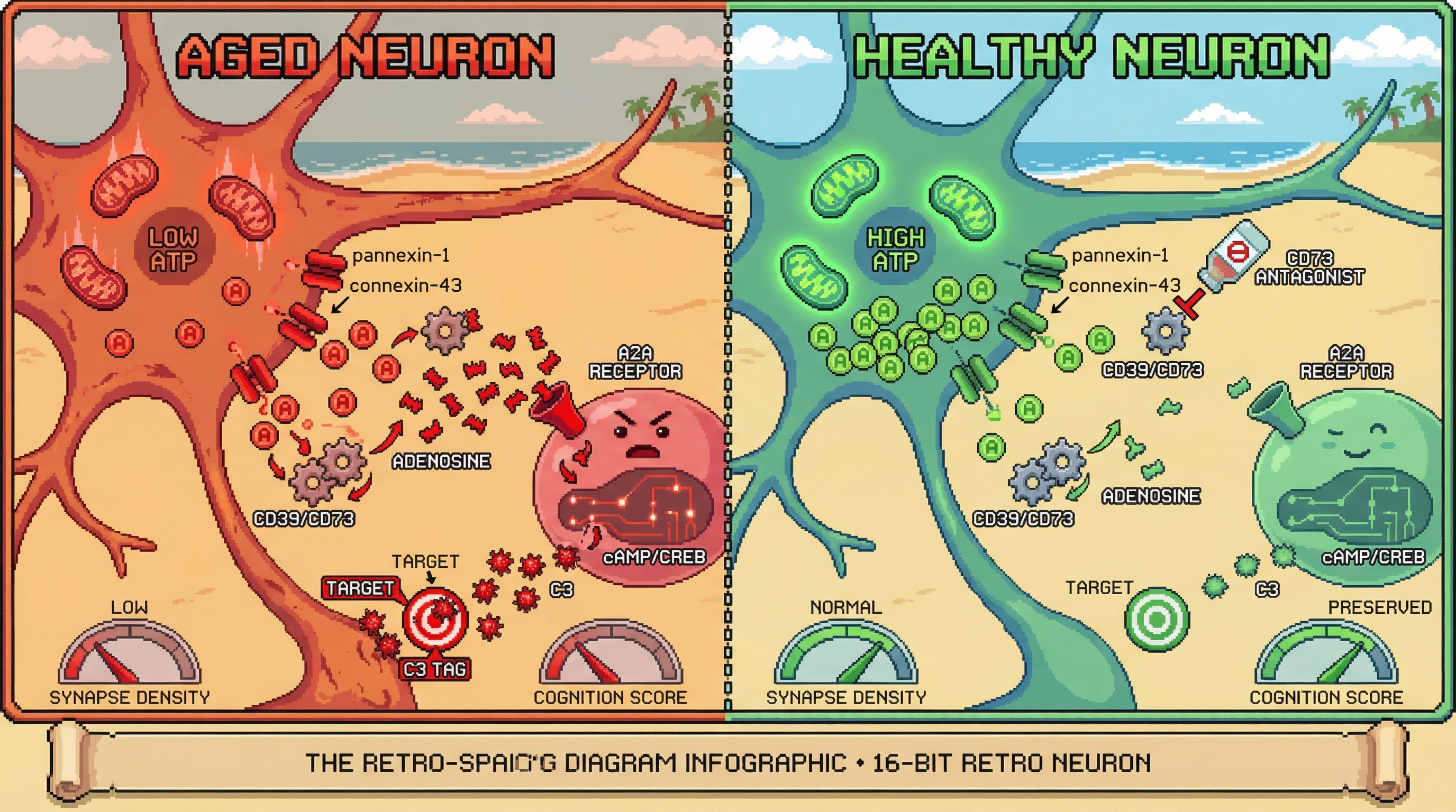 Infographic for: Neuronal ATP deficit drives microglial C3 tagging via extracellular adenosine signaling, linking metabolic inefficiency to age-related synapse pruning