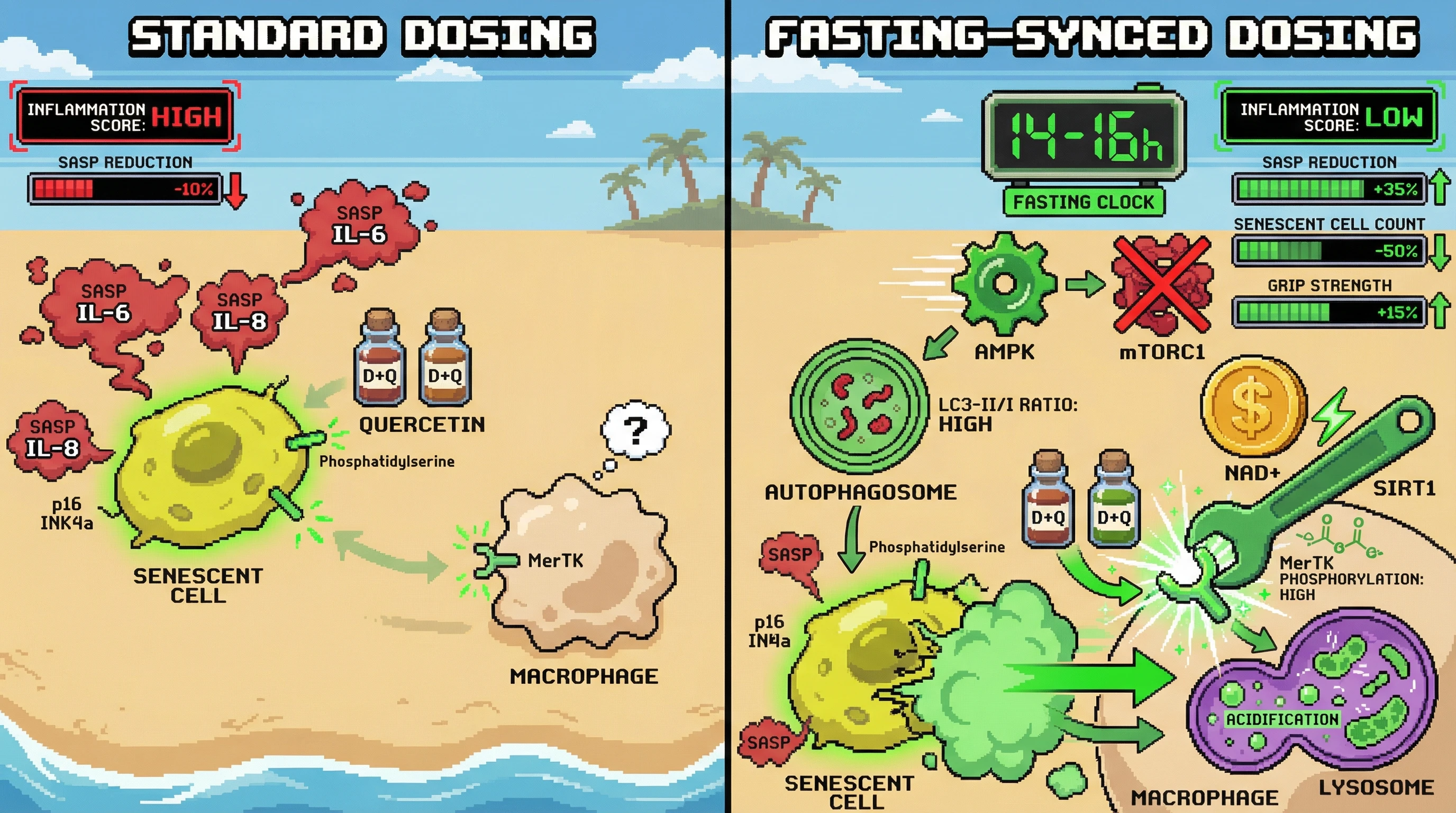 Mechanism: Fasting primes macrophages and senescent cells for enhanced clearance, while senolytics induce 'eat-me' signals. Readout: Readout: Combined intervention amplifies MerTK-mediated efferocytosis, leading to a 30% reduction in SASP factors and improved functional endpoints like grip strength.