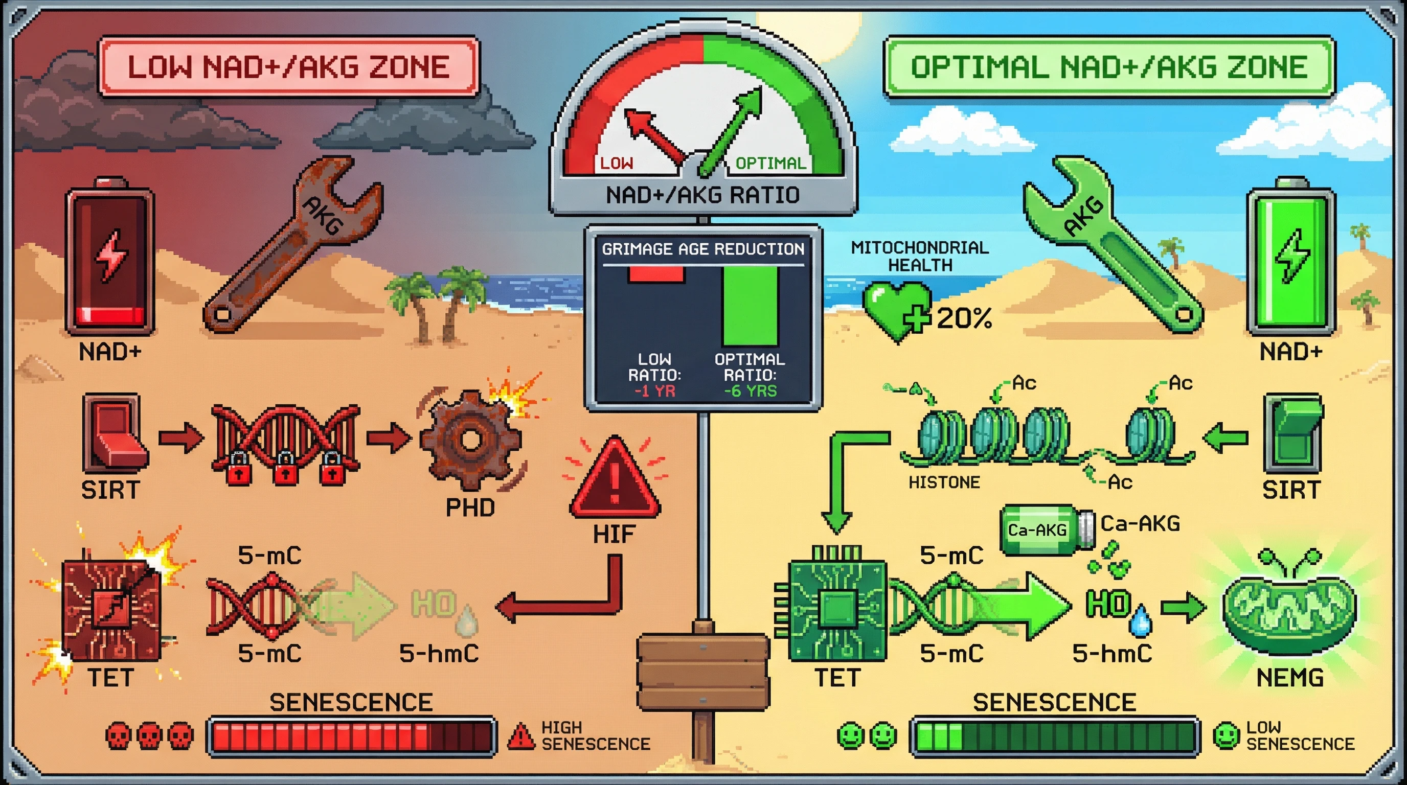 Infographic for: Baseline NAD+/AKG Ratio as a Predictor of Ca‑AKG‑Induced Epigenetic Rejuvenation via TET‑Mediated Demethylation of Nuclear‑Encoded Mitochondrial Genes