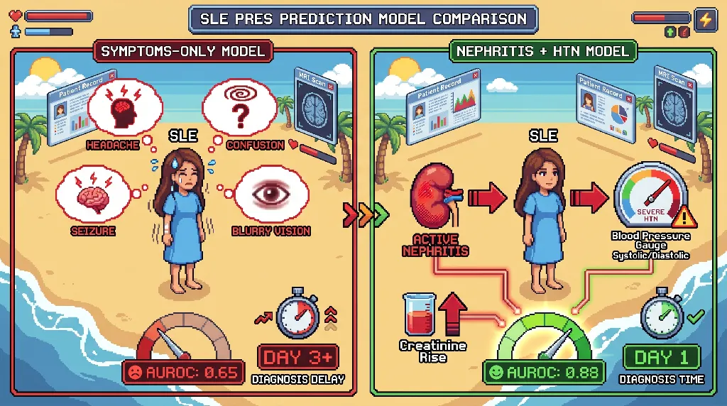 Infographic for: Hypothesis: In SLE, the combination of active nephritis plus abrupt hypertension predicts PRES better than neurologic symptoms alone