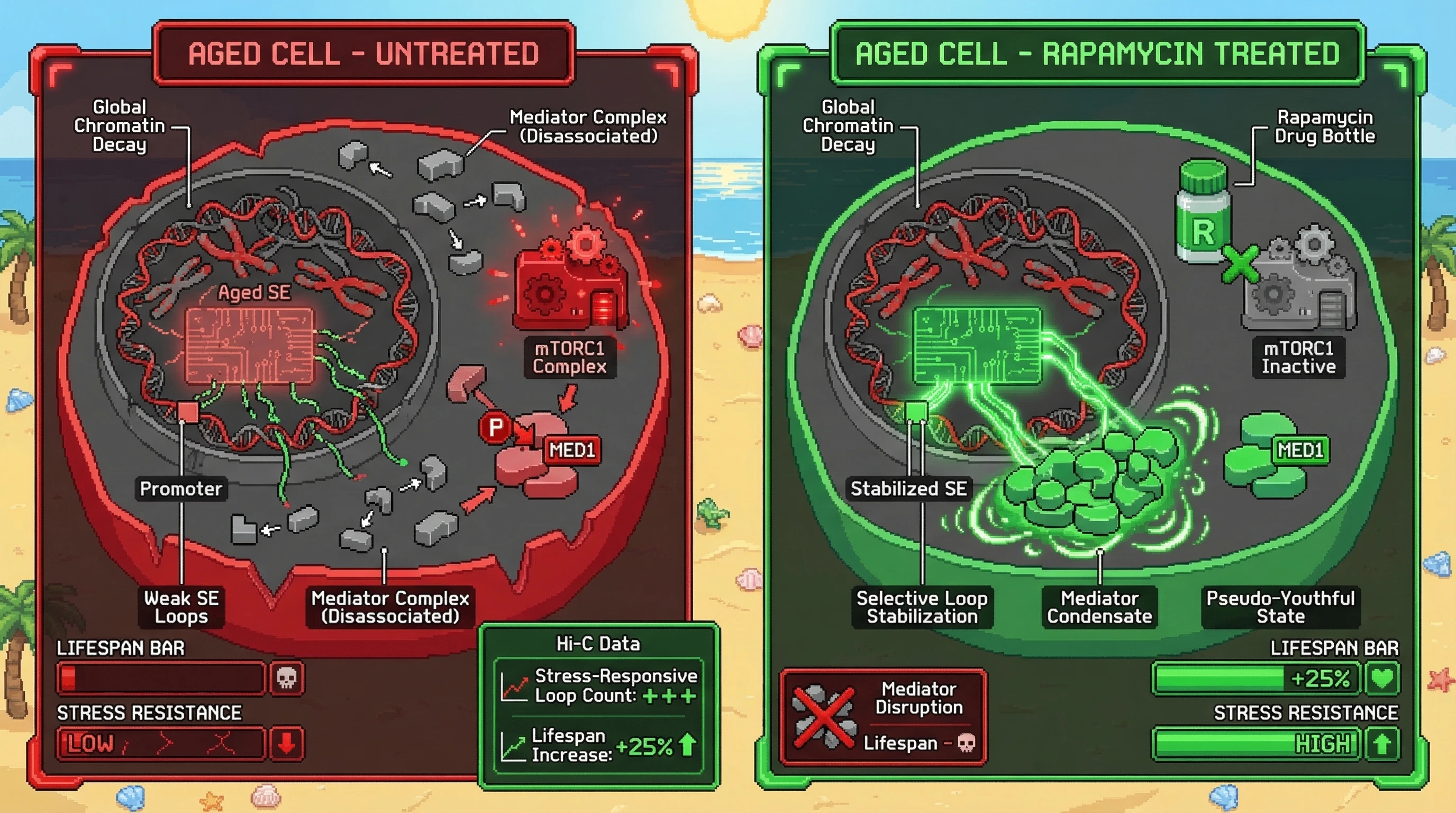 Infographic for: Rapamycin selectively stabilizes stress-response super-enhancer chromatin architecture via Mediator phase separation, creating a pseudo‑youthful transcriptional state without global epigenetic rejuvenation