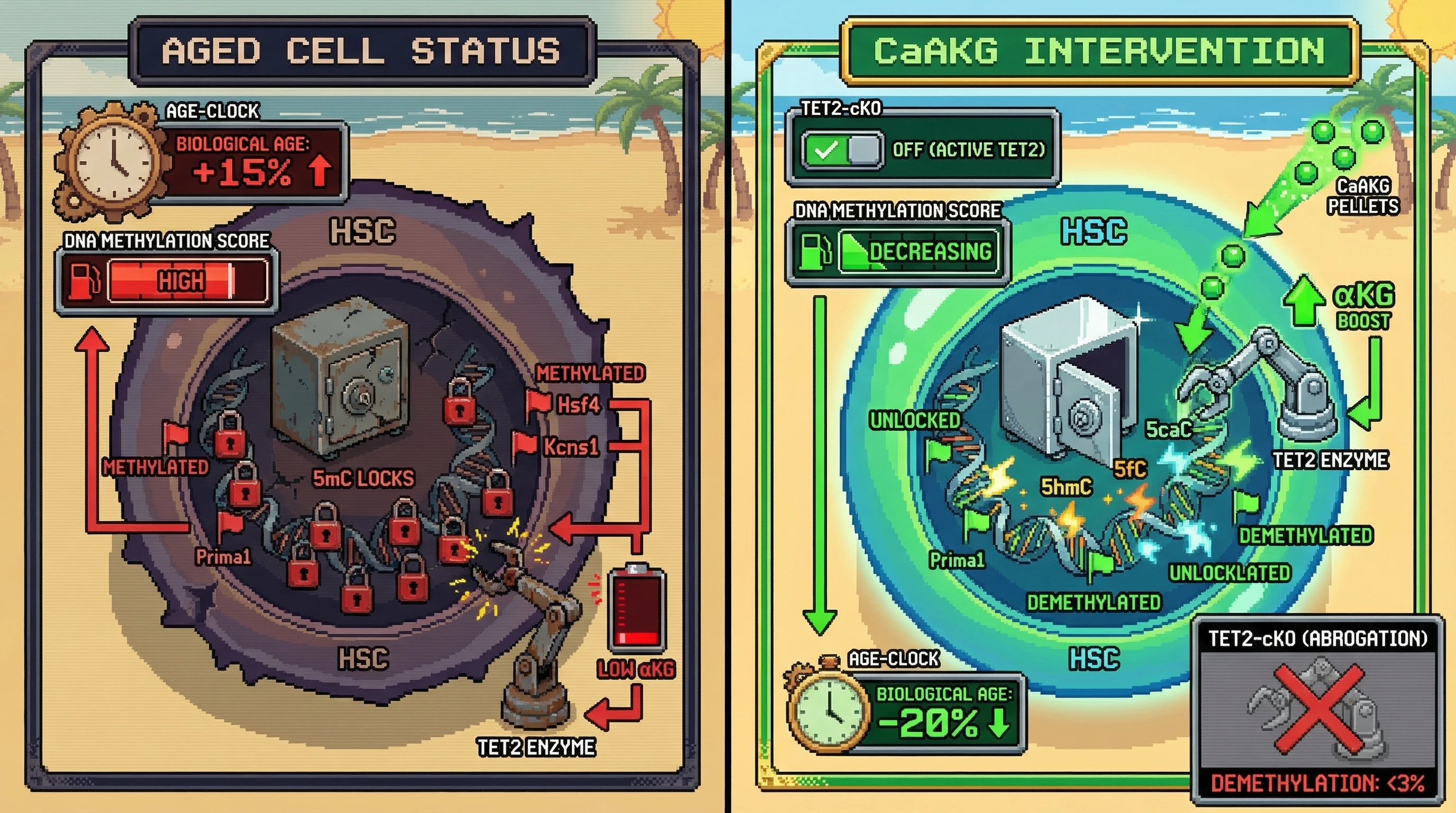 Infographic for: Causal isolation of TET2-mediated active demethylation as the mechanism linking αKG supplementation to epigenetic clo...