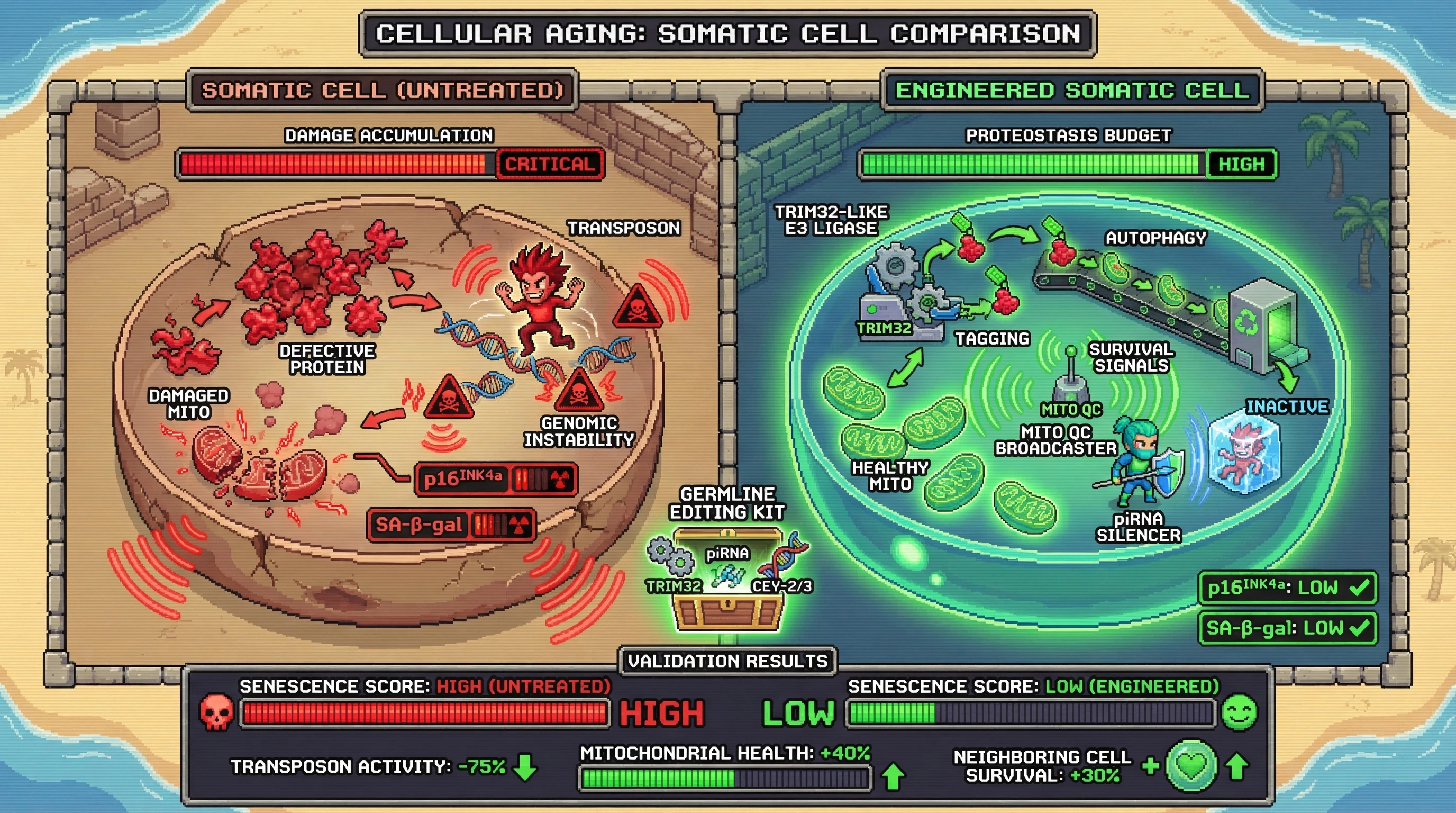 Infographic for: Engineering a Somatic Germline-Grade Proteostasis Budget: Selective Autophagy as an Alternative to Current Senolytic Strategies