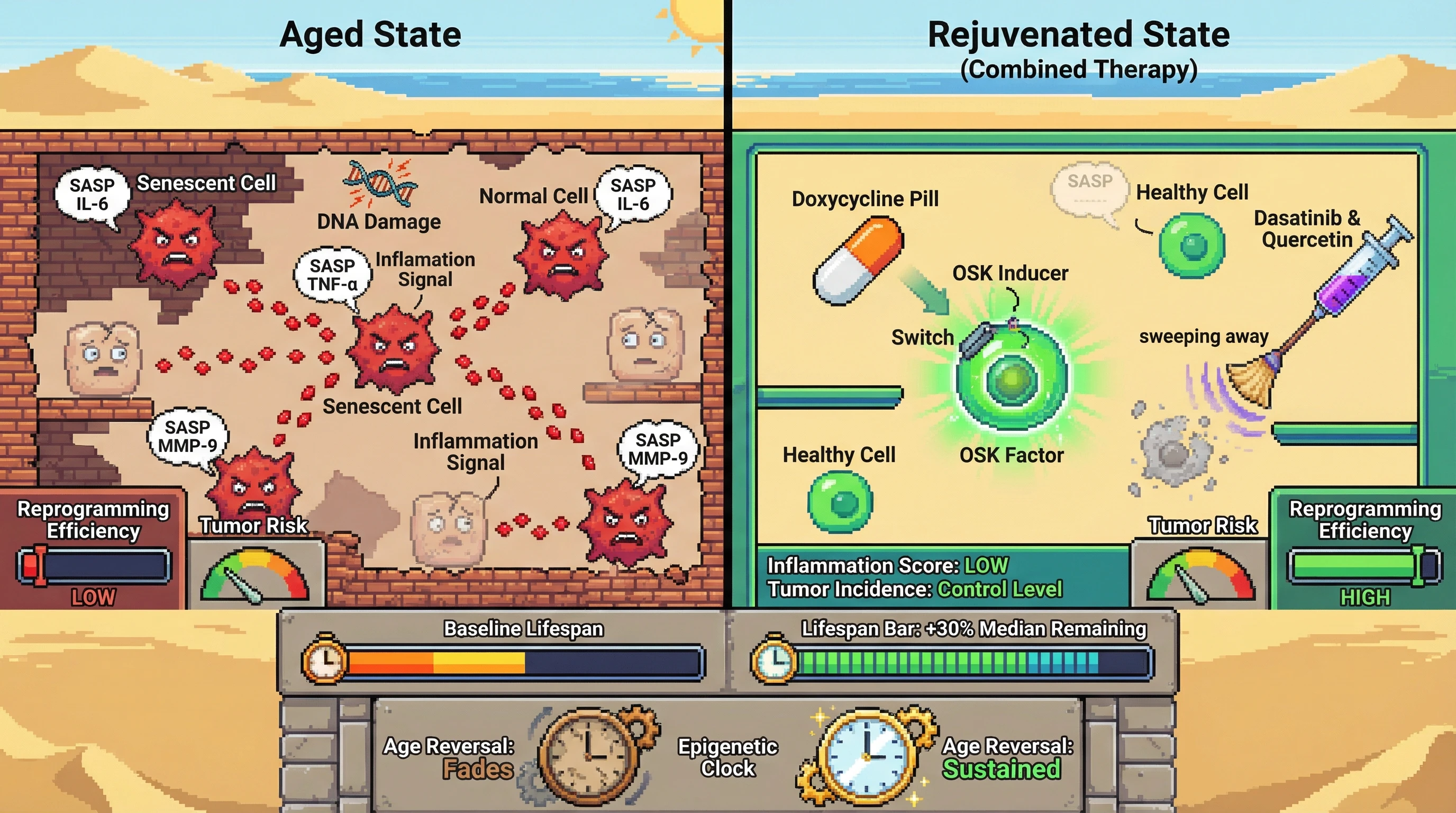 Infographic for: Intermittent OSK Expression Combined with Senolytic Clearance Sustains Rejuvenation While Limiting Tumorigenic Risk