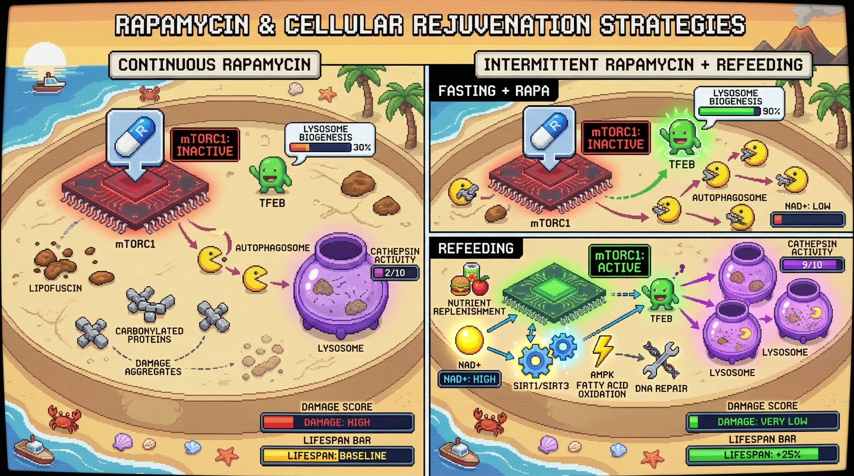 Infographic for: Pulsed mTOR inhibition paired with intermittent refeeding amplifies lysosomal-mediated damage clearance by coupling TFEB activation to NAD+-dependent sirtuin signaling