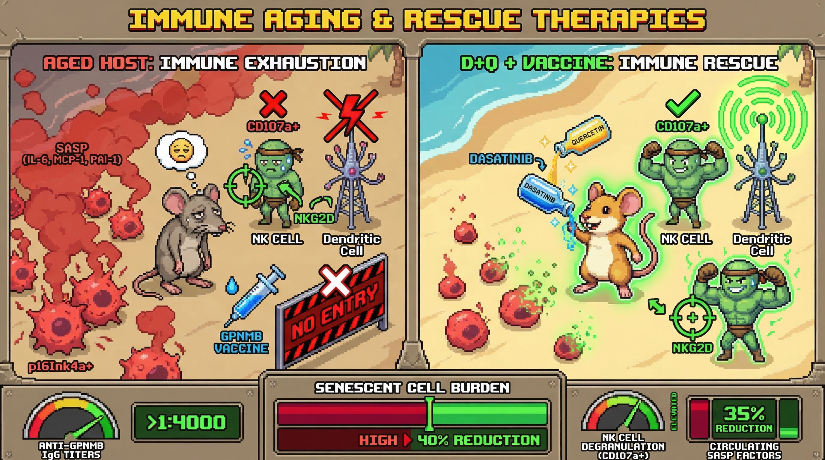 Infographic for: Sequential D+Q senolytic priming followed by GPNMB peptide vaccination rescues aged NK cell function and achieves sup...