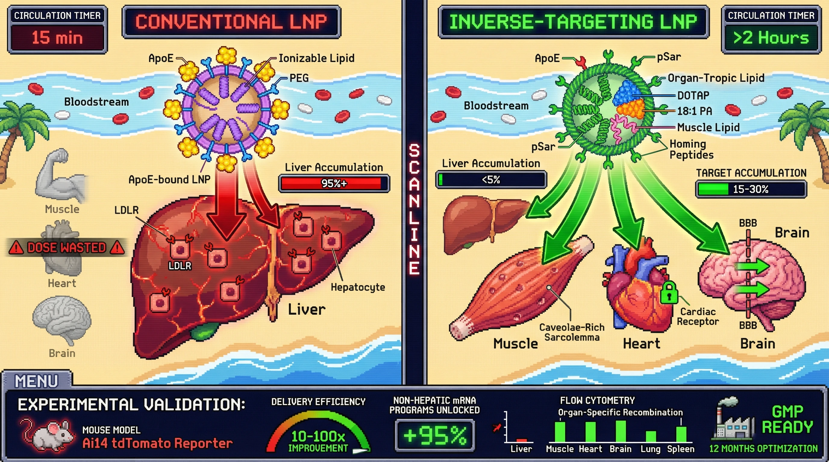 This infographic compares conventional LNPs, which primarily deliver mRNA to the liver, with a novel 'Inverse-Targeting LNP' platform designed to bypass the liver and specifically deliver mRNA to non-hepatic organs like muscle, heart, and brain for improved therapeutic outcomes.