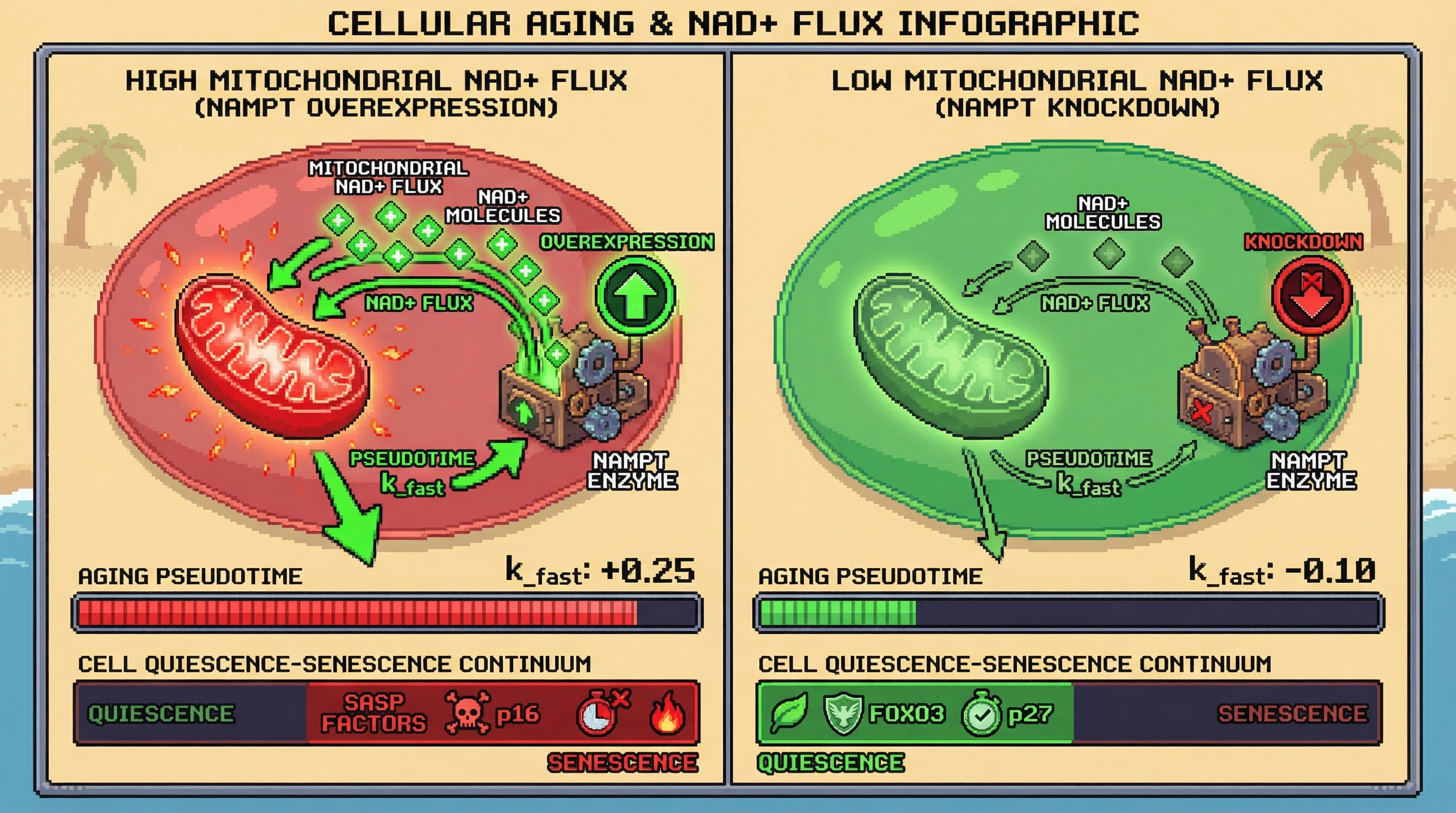 Mechanism: Altering NAMPT activity changes mitochondrial NAD+ flux, directly influencing the exponential rate of aging pseudotime (kfast) and shifting cells along the quiescence-senescence continuum. Readout: Readout: High NAD+ flux results in a higher kfast and increased senescence markers, while low NAD+ flux leads to a lower kfast and preserved quiescence markers.