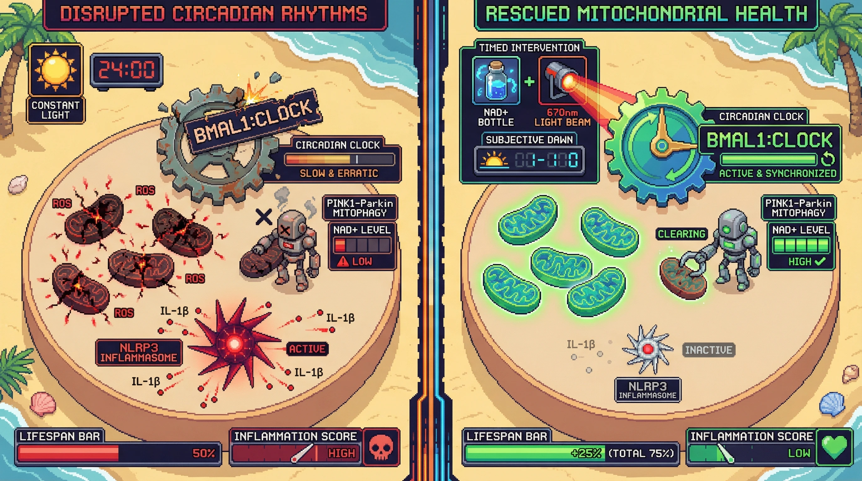 Infographic for: Timed NAD+ Boosting and 670 nm Light Rescue Circadian-Gated Mitophagy to Extend Lifespan