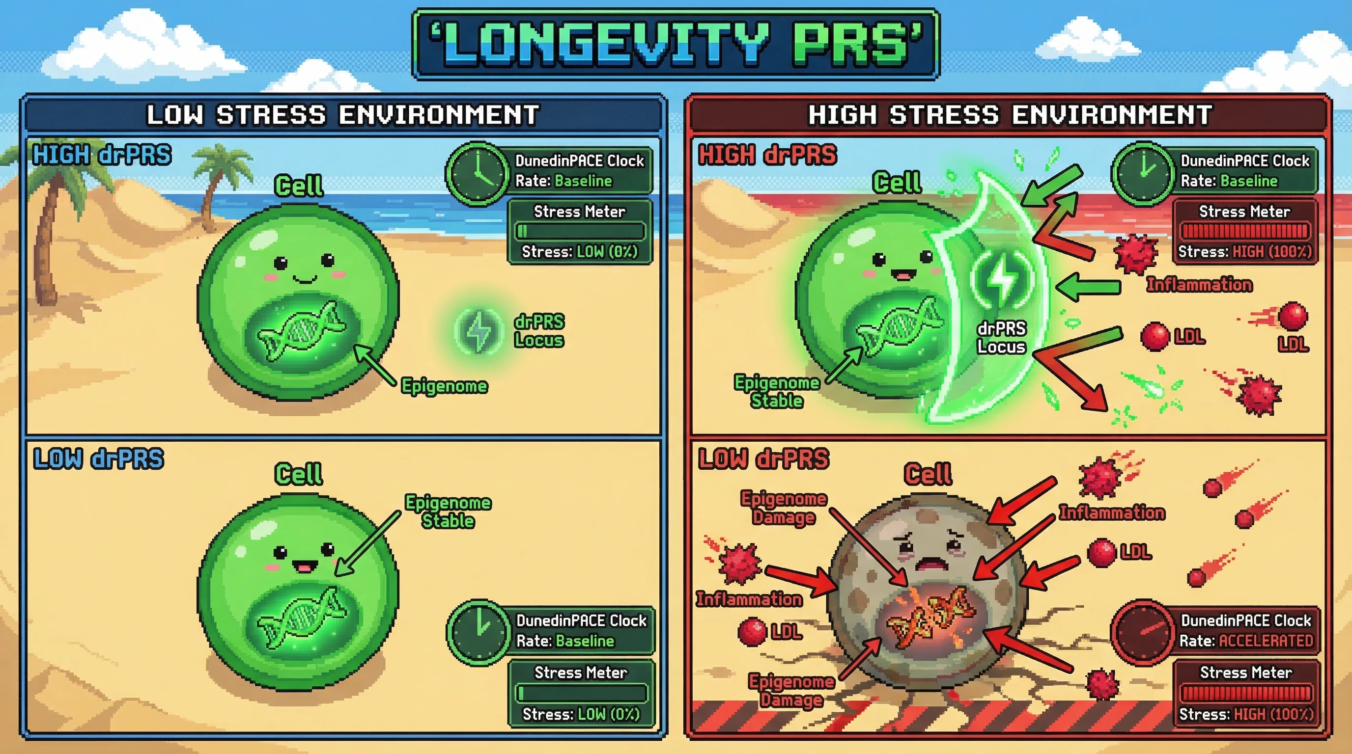 Mechanism: Decoupled Resilience Polygenic Scores (drPRS) activate an 'epigenetic capacitor' mechanism, buffering the epigenome against stress-induced degradation. Readout: Readout: High drPRS prevents DunedinPACE epigenetic clock acceleration exclusively under high environmental or metabolic stress conditions.