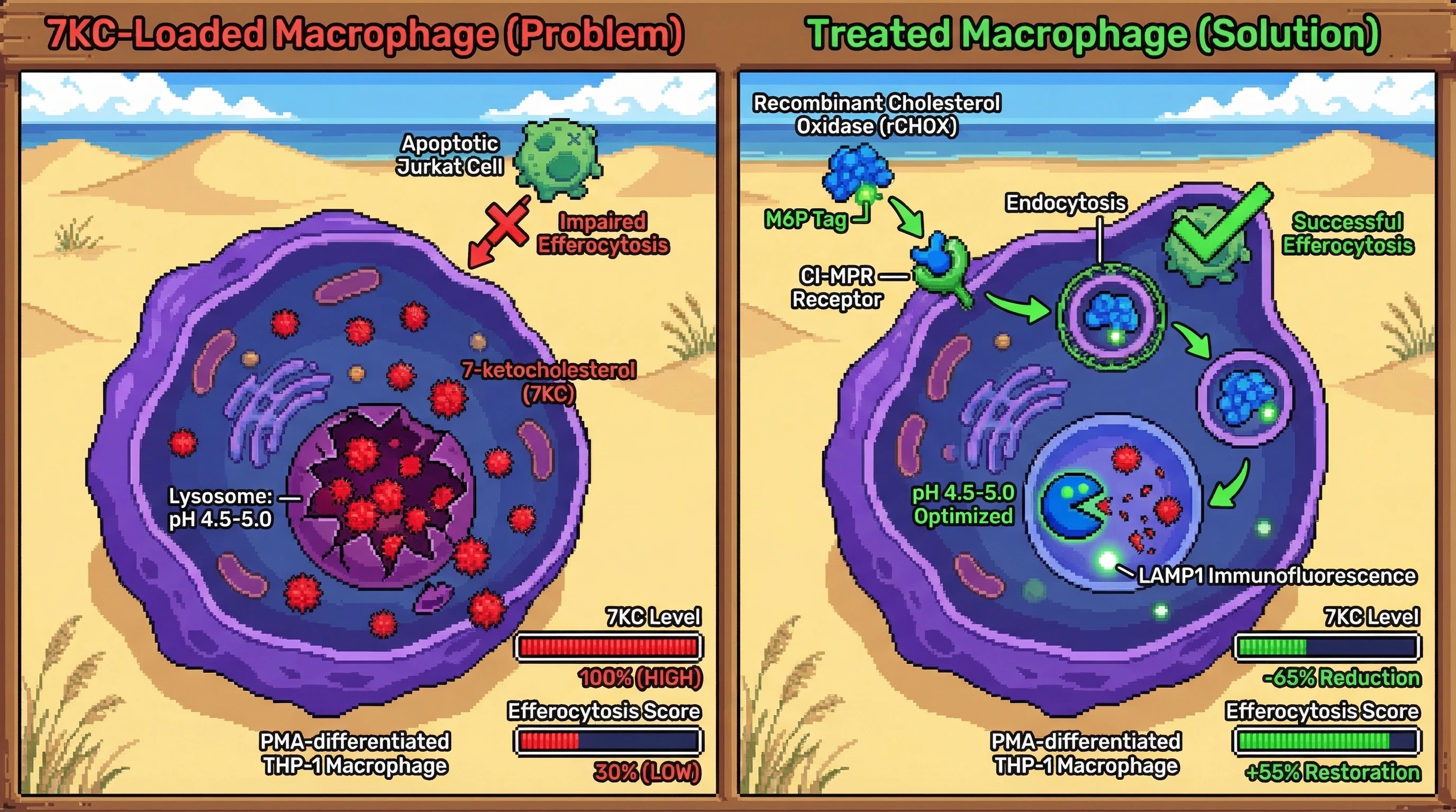 Infographic for: A pH-optimized, acidophile-informed M6P-tagged bacterial cholesterol oxidase delivered via CI-MPR to lysosomes of 7KC...