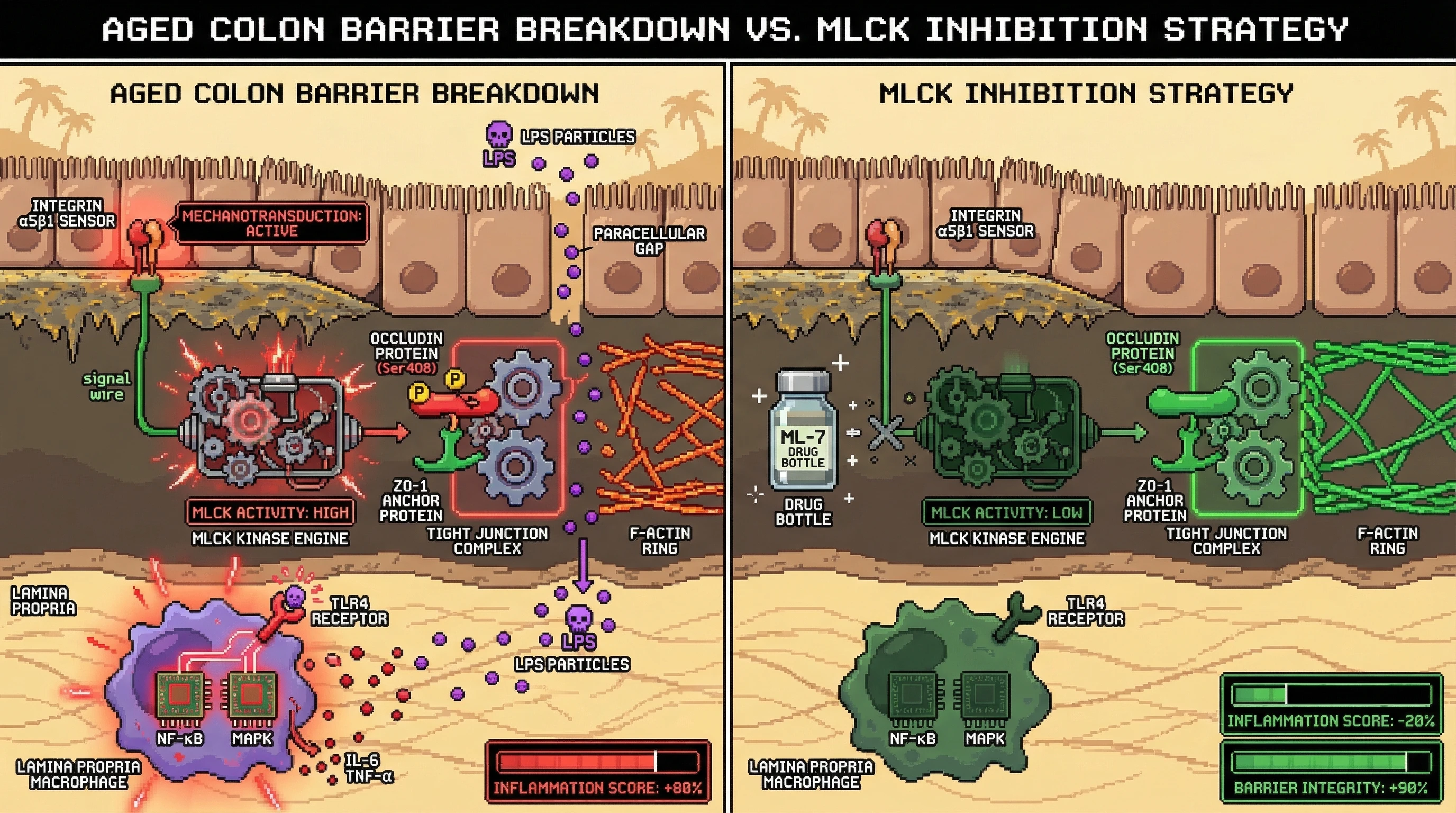 Mechanism: Aging-related tissue stiffness activates MLCK, leading to occludin phosphorylation, tight junction disruption, and increased LPS permeability. Readout: Readout: Pharmacologic MLCK inhibition reduces occludin phosphorylation, restores barrier integrity, and lowers inflammation markers.