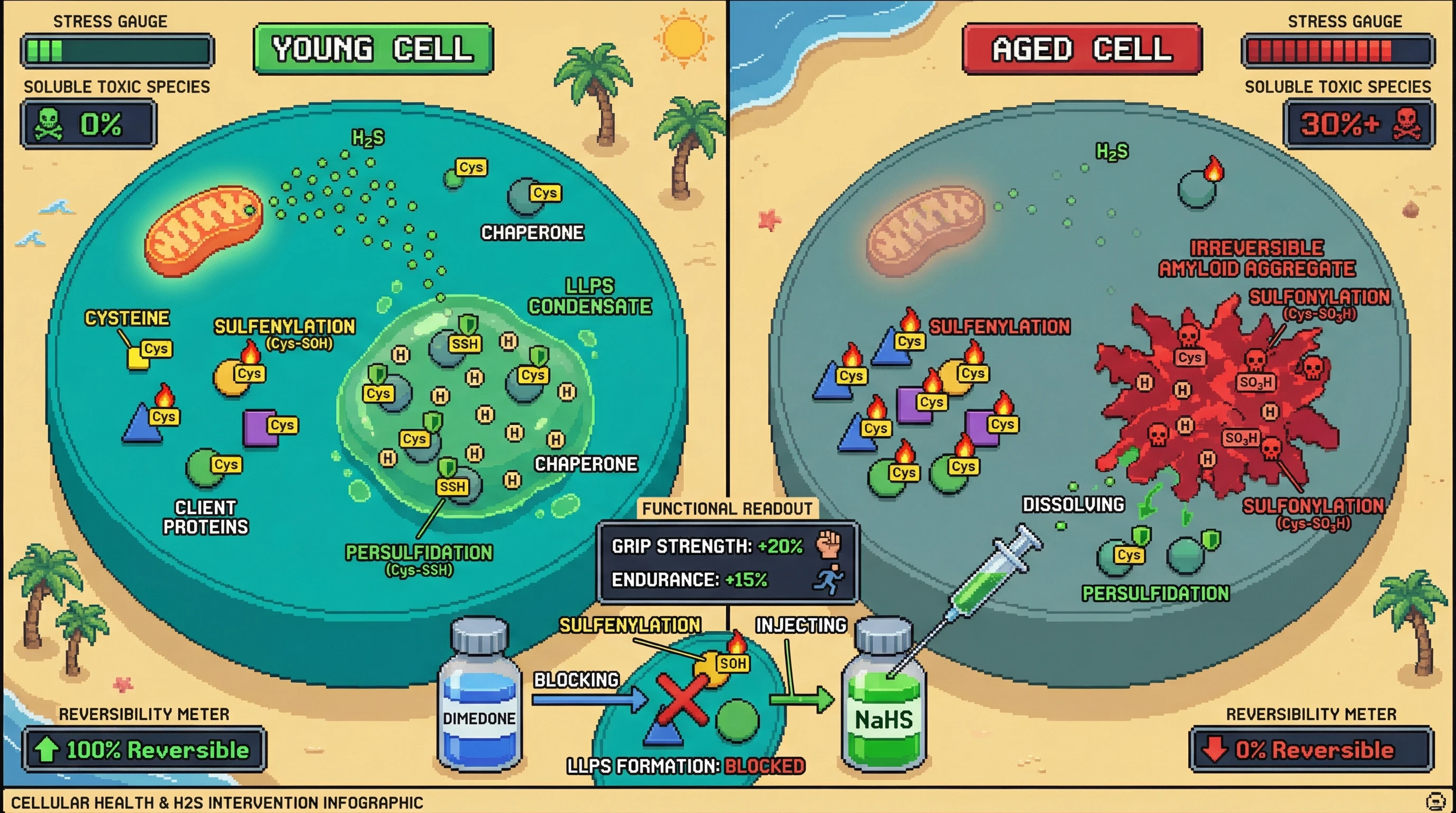 Infographic for: Protective Aggregation as a Redox‑Switchable Filtration System: Oxidative Sulfenylation Drives LLPS Sequestration that Turns Pathological When Persulfidation Declines