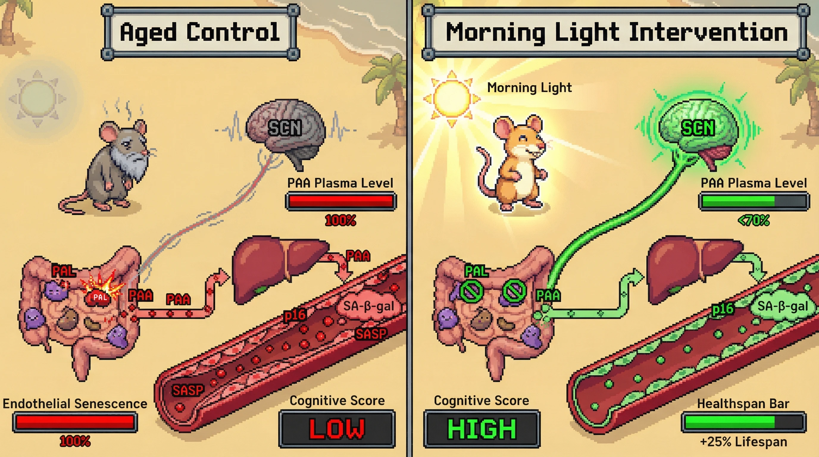 Mechanism: Morning light entrains the SCN, boosting sympathetic output to the gut, which suppresses bacterial PAL activity and reduces PAA production. Readout: Readout: Plasma PAA levels decrease by over 30%, endothelial senescence markers are significantly lower, and the healthspan bar indicates a 25% lifespan increase.