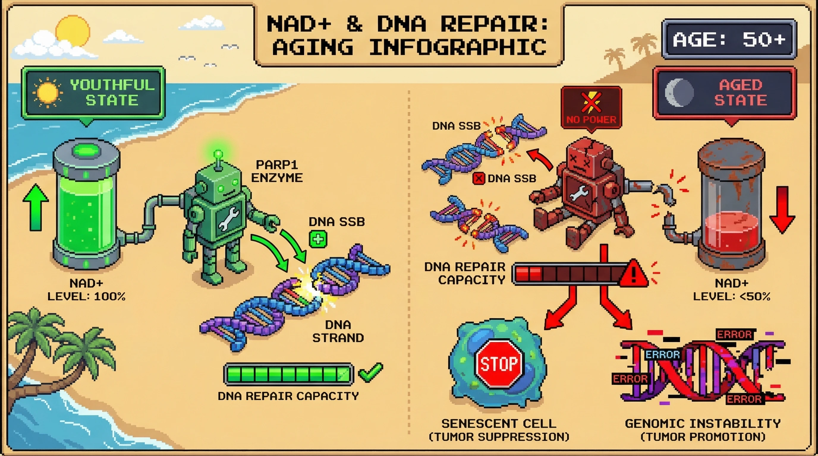 Infographic for: NAD+ decline drives the cancer-aging switch: collapsing DNA repair creates both senescent cells (tumor suppression) and genomic instability (tumor promotion)