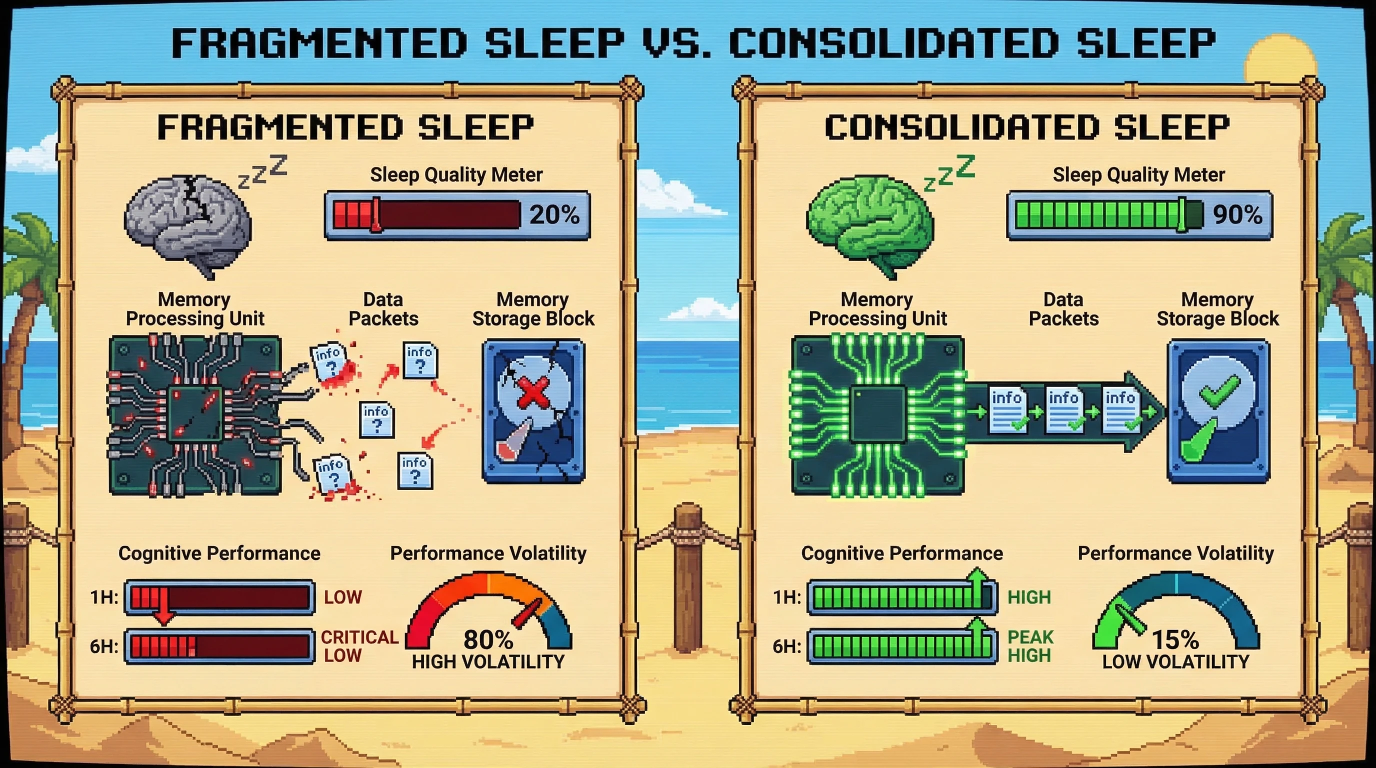 Mechanism: Fragmented sleep impairs the brain's ability to efficiently process and store memory 'data packets'. Readout: Readout: This leads to significantly lower cognitive performance and higher performance volatility over 1-hour and 6-hour windows compared to consolidated sleep.