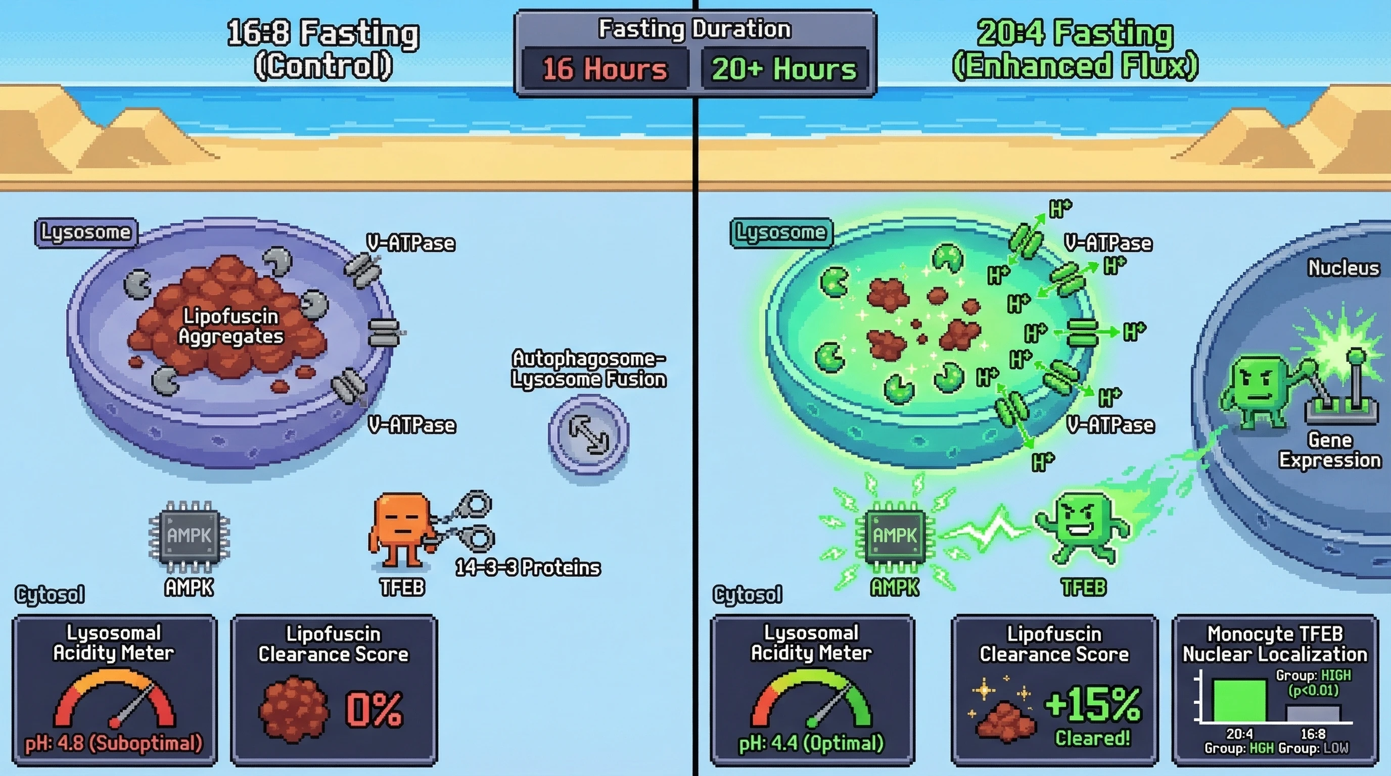 Mechanism: Extended fasting (20:4) activates AMPK, which phosphorylates TFEB, promoting its nuclear translocation and upregulating V-ATPase subunits and cathepsins, thereby increasing lysosomal acidity and completing autophagic flux. Readout: Readout: Lysosomal pH drops by ~0.2 units, lipofuscin content declines by ≥15%, and TFEB nuclear localization in monocytes significantly increases.