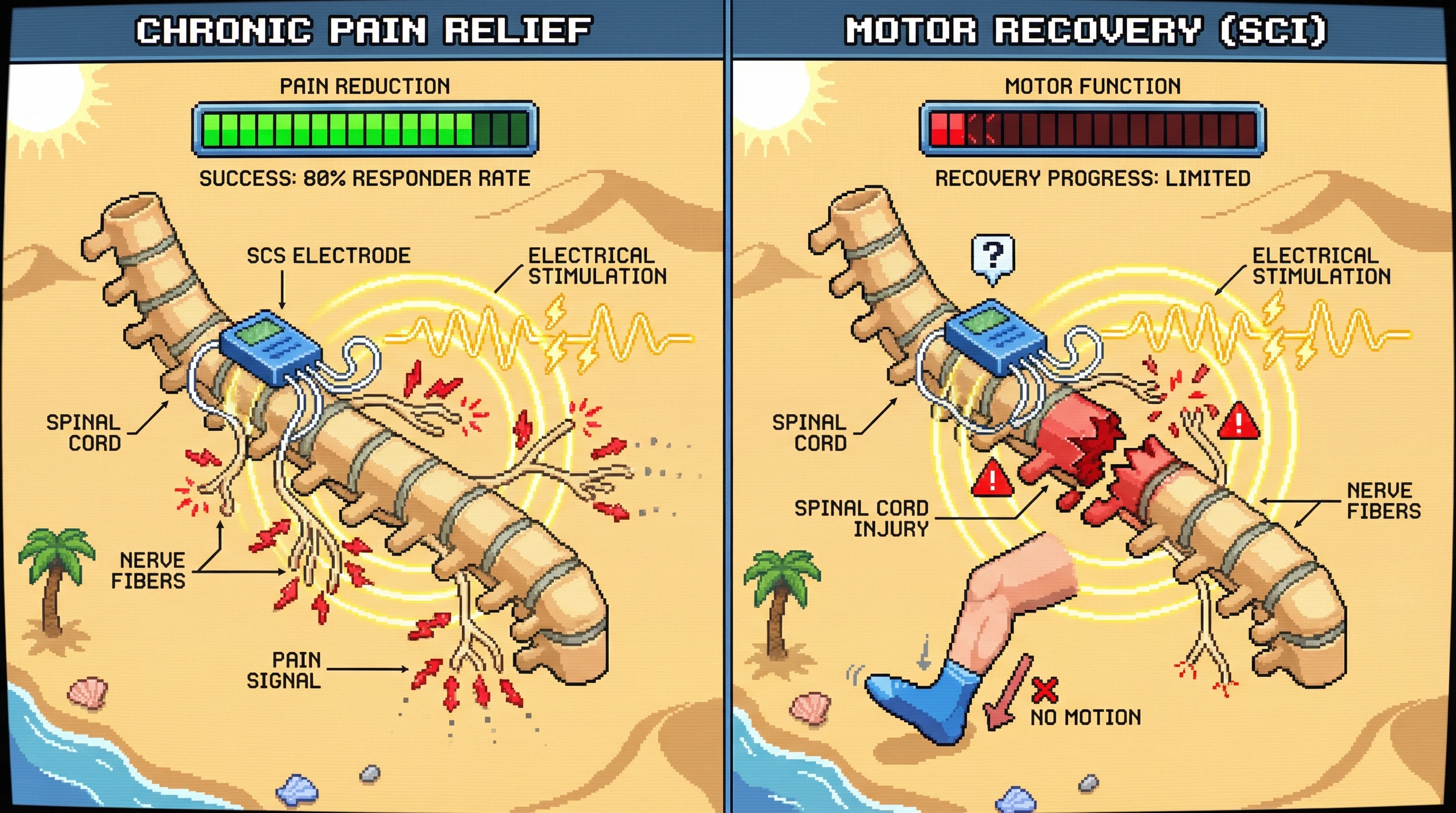 This infographic contrasts the efficacy of Spinal Cord Stimulation (SCS) for chronic pain relief versus motor recovery after spinal cord injury, highlighting its success in modulating pain signals but limited impact on repairing damaged neural pathways.
