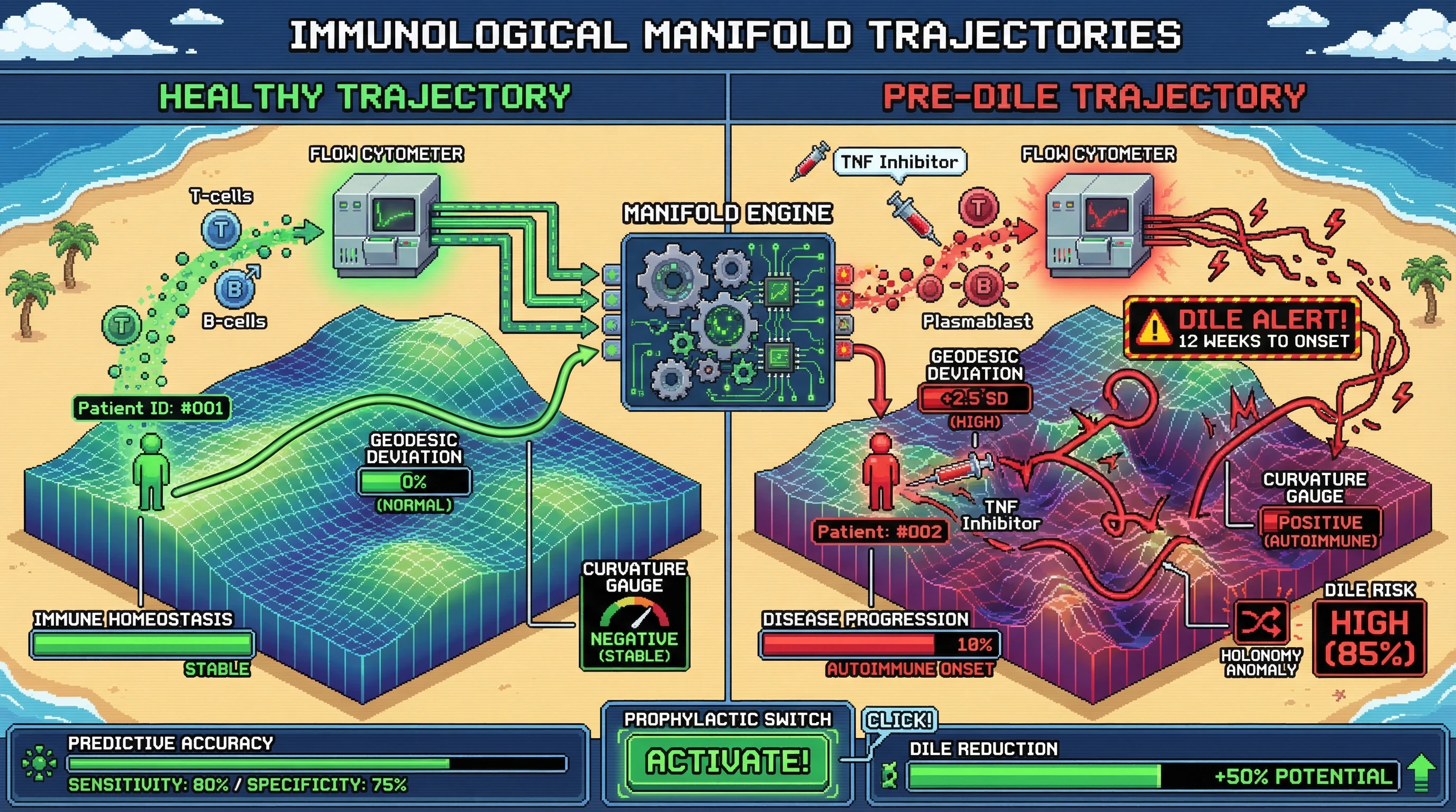 Infographic for: Riemannian Geometric Analysis of Immunophenotypic Manifolds Detects Drug-Induced Lupus Erythematosus 8–20 Weeks Before Clinical Diagnosis in Patients Receiving TNF Inhibitors
