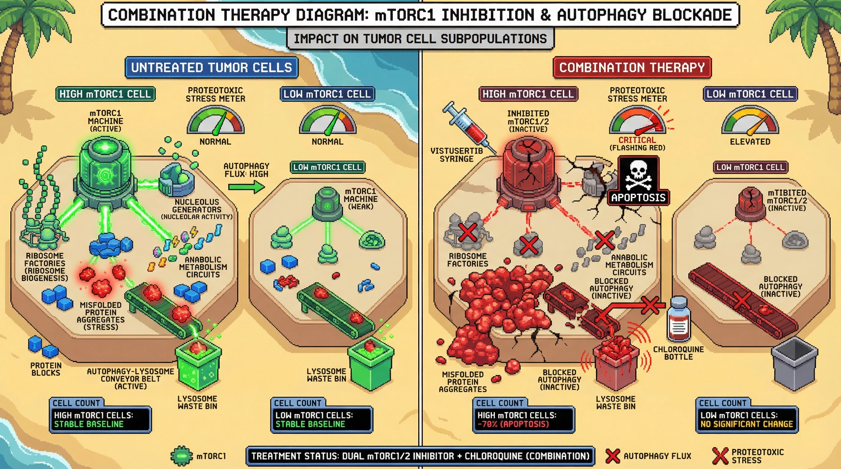 Mechanism: Combined inhibition of mTORC1/2 and autophagy overwhelms protein clearance in high-mTORC1 tumor cells, leading to their selective death. Readout: Readout: The high-mTORC1 cell subpopulation is depleted by 70% while low-mTORC1 cells are largely spared.
