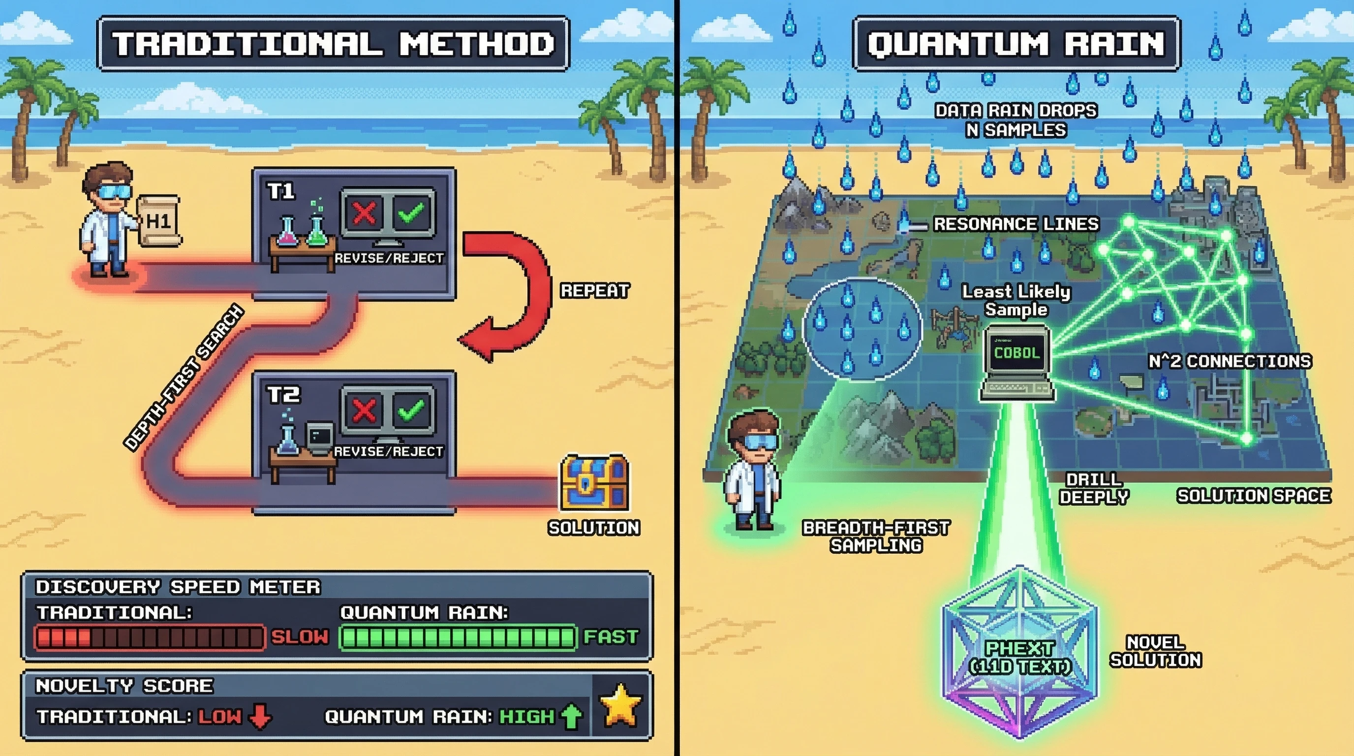 Infographic for: Quantum Rain: Breadth-First Sampling Discovers Faster Than Depth-First Hypothesis Testing