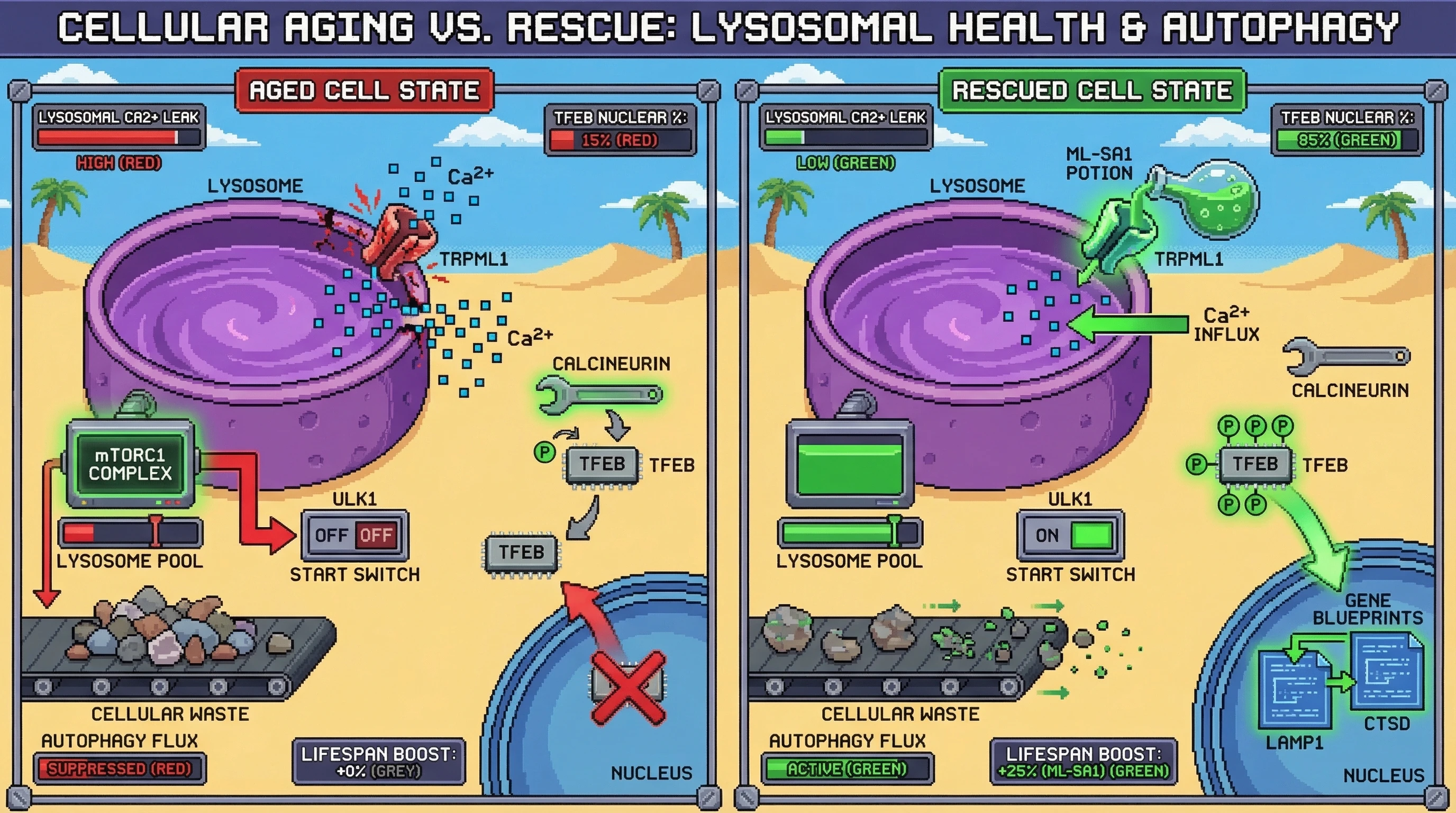 Infographic for: LysosomalCalcium Leak Drives Active Autophagy Suppression in Aging via TRPML1 Oxidation and Calcineurin-Mediated TFEB Sequestration