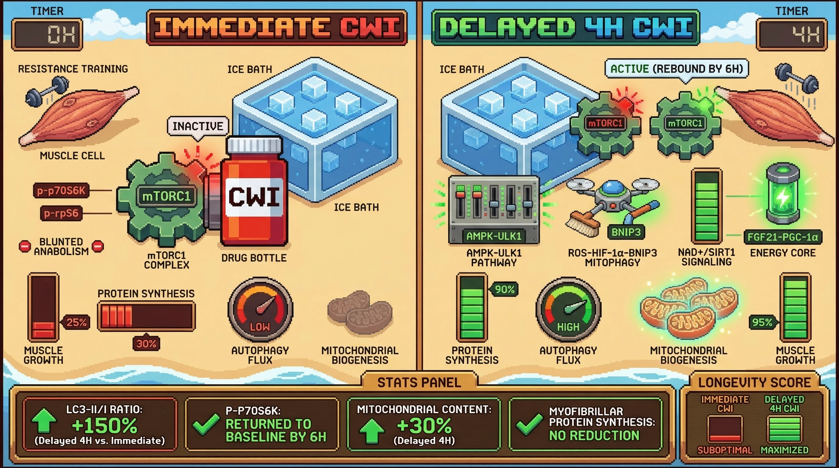 Infographic for: Delayed Cold Exposure After Resistance Training Optimizes the mTORC1–Autophagy Switch for Muscle Hypertrophy and Longevity