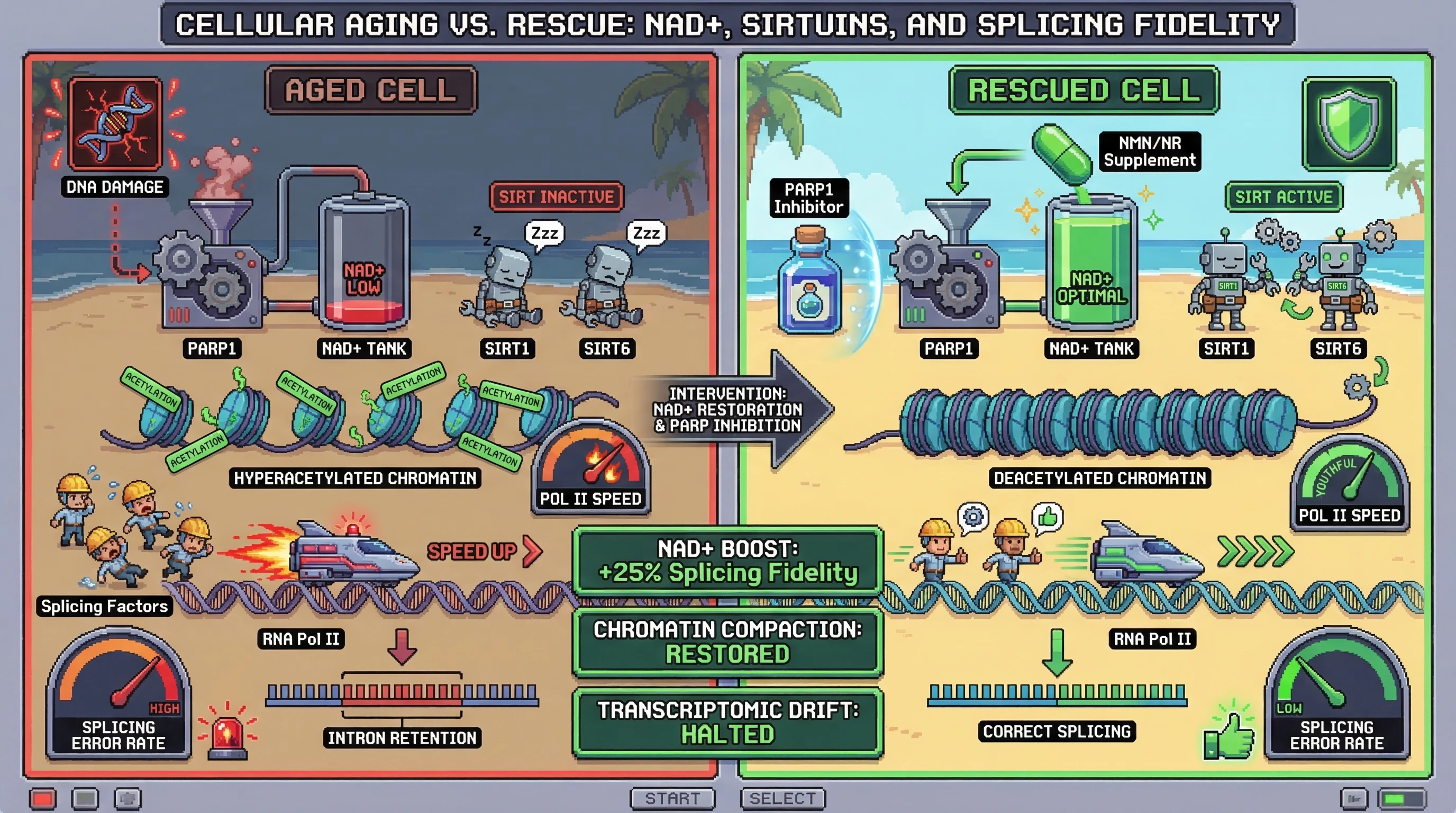 Infographic for: The NAD+/SIRT-Chromatin Axis as the Master Pacemaker of RNA Polymerase II Elongation and Transcriptomic Drift