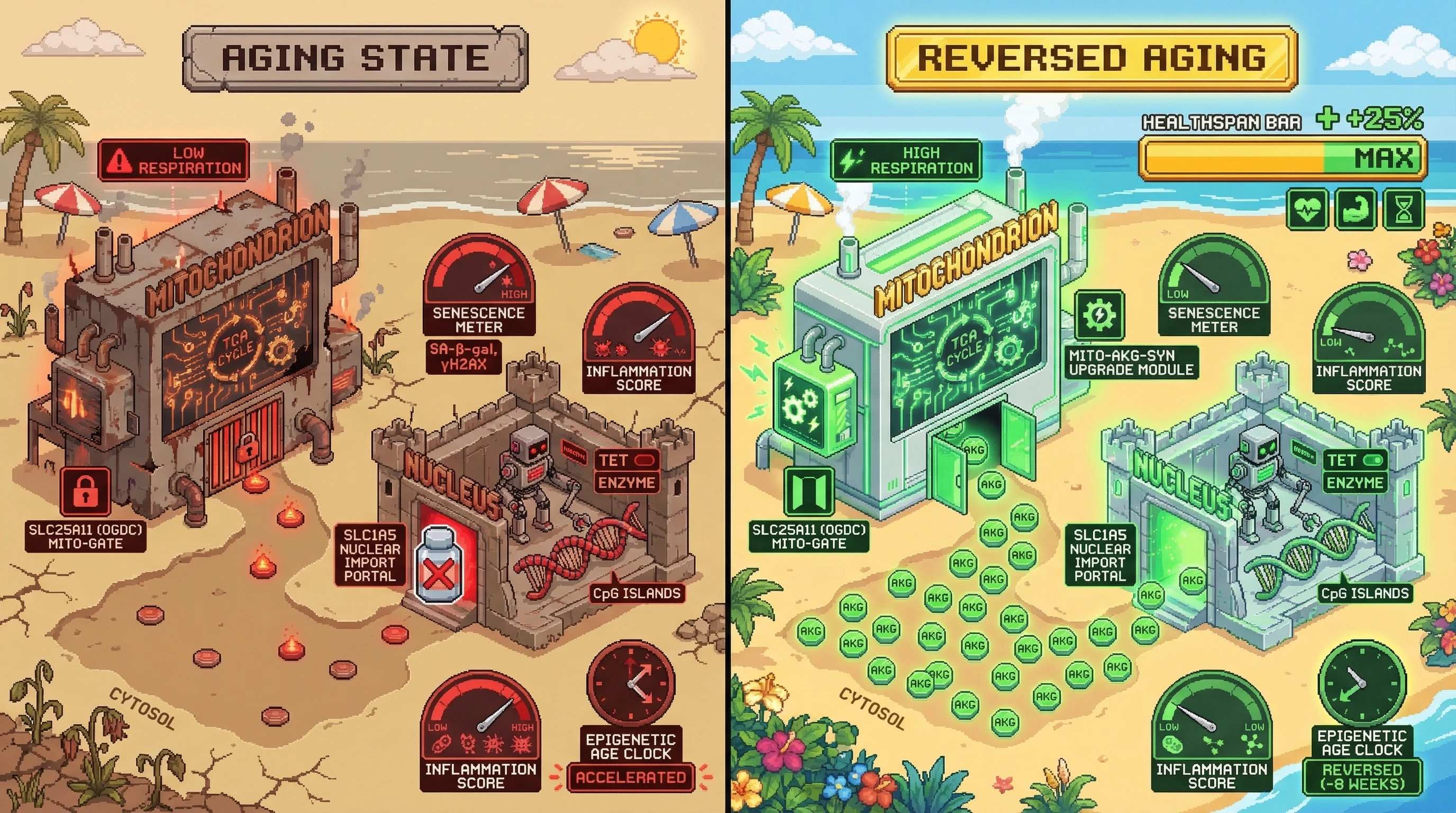 Infographic for: Metabolic Gating of TET Activity via Mitochondrial–Nuclear AKG Shuttle Determines Epigenetic Age and Coordinates Hallmark Reversal