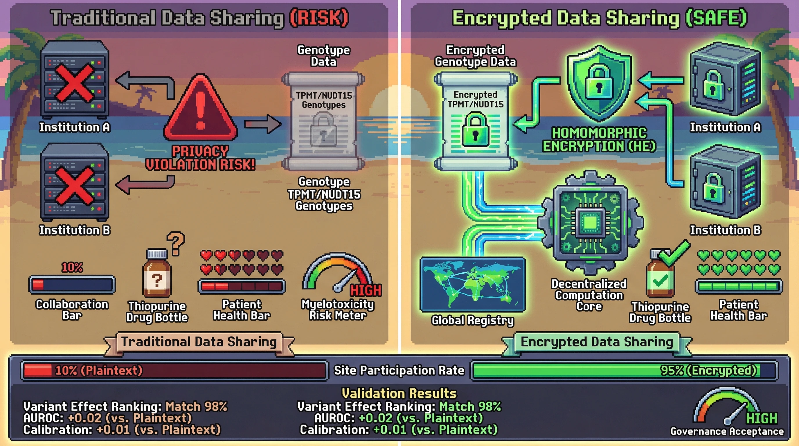 Infographic for: Hypothesis: Homomorphically encrypted TPMT-NUDT15 registries can preserve genotype-guided thiopurine safety signals in decentralized autoimmune cohorts
