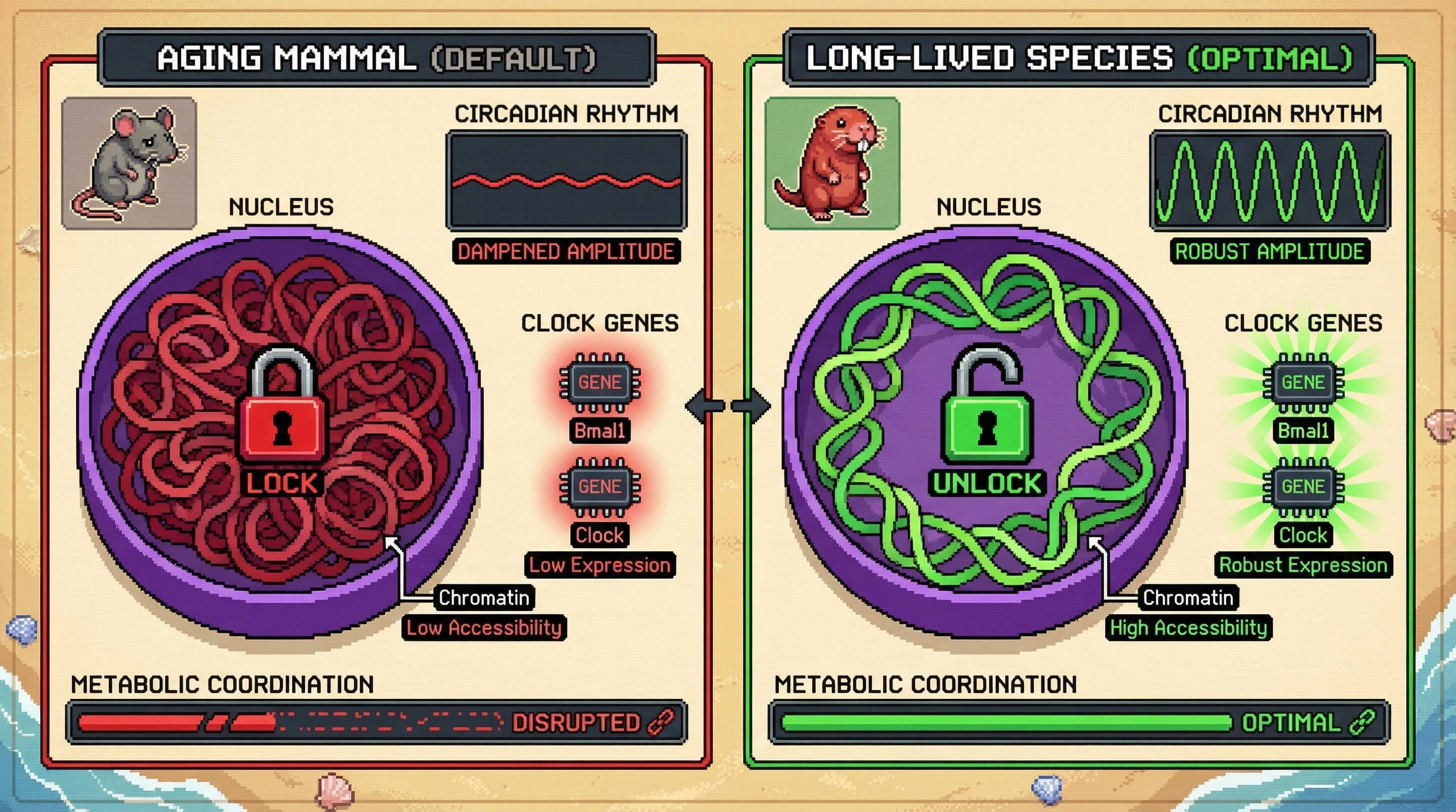 Mechanism: Aging mammals exhibit reduced clock gene expression and decreased chromatin accessibility at circadian loci, leading to dampened circadian rhythms. Readout: Readout: Long-lived species maintain robust circadian amplitude and optimal metabolic coordination by preserving high clock gene expression and chromatin accessibility.
