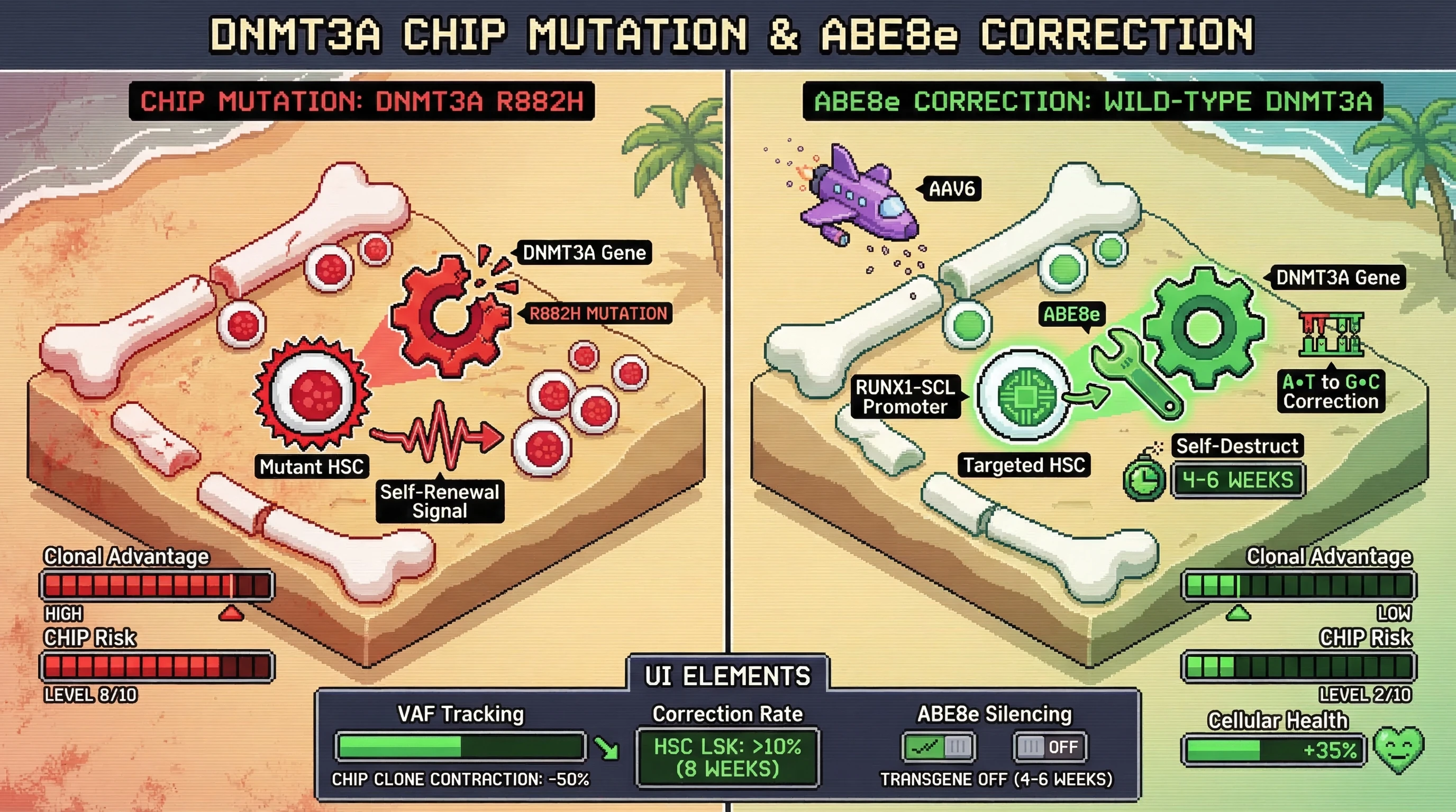 Mechanism: An AAV6-delivered, HSC-restricted ABE8e base editor precisely corrects DNMT3A R882H or TET2 mutations, restoring gene function and eliminating clonal fitness advantage. Readout: Readout: This leads to 10% HSC correction within 8 weeks, significant CHIP clone contraction, and ABE8e transgene silencing within 4-6 weeks.