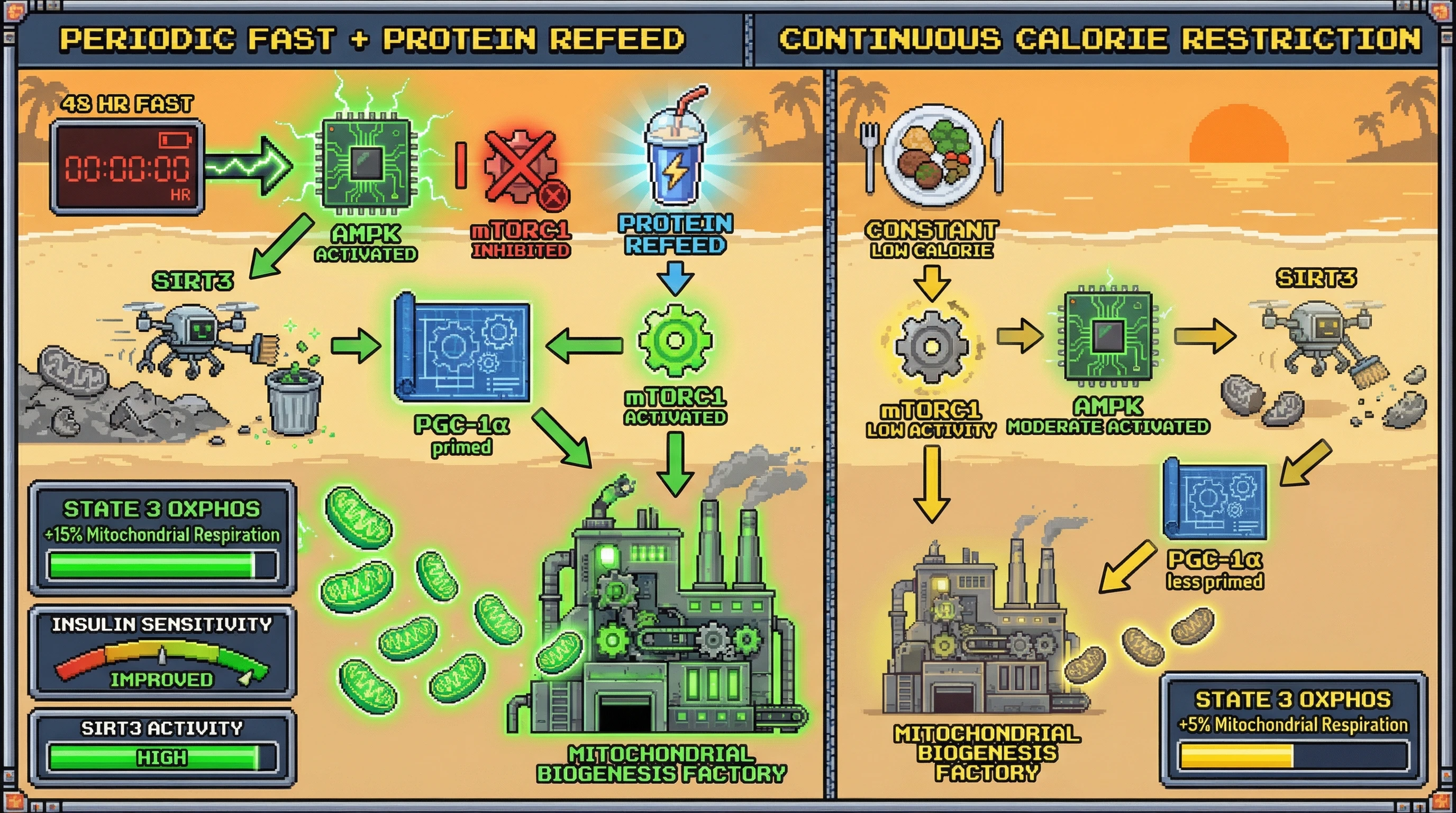 Infographic for: Periodic 48‑hour fasts followed by protein‑rich refeeding boost mitochondrial respiration via AMPK‑SIRT1‑PGC‑1α priming and mTORC1 rebound