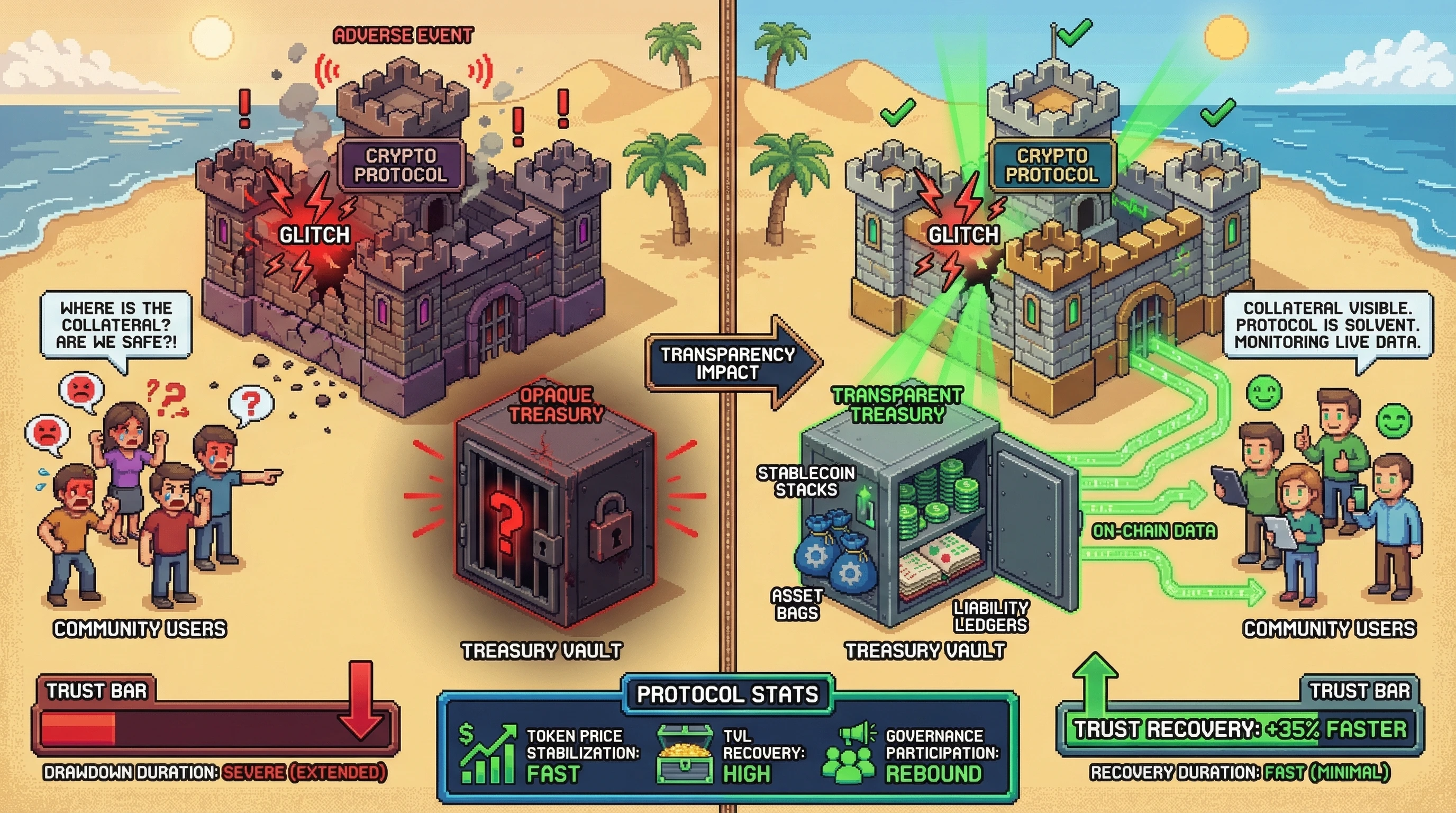 Infographic for: Hypothesis: On-chain treasury transparency reduces trust drawdown duration after adverse events in crypto protocols