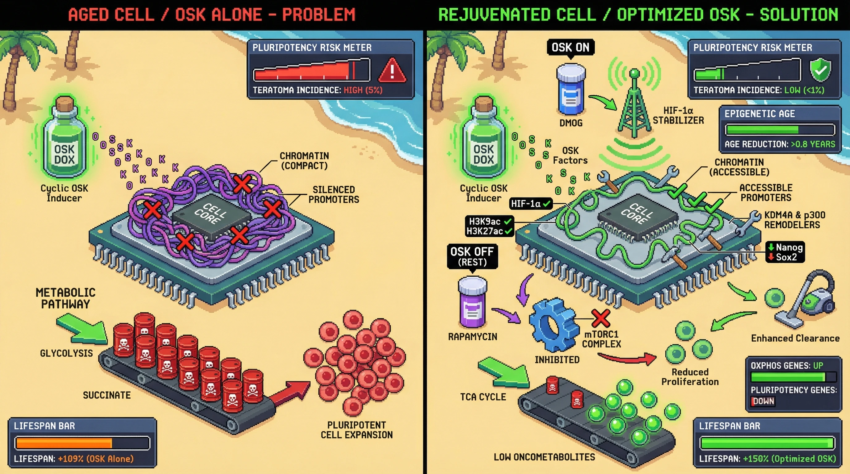 Mechanism: Optimized OSK therapy combines OSK pulses with DMOG to stabilize HIF-1α, enhancing chromatin accessibility and shifting metabolism, followed by rapamycin to inhibit mTORC1 and suppress pluripotent cell expansion. Readout: Readout: This regimen significantly increases mouse lifespan by over 150%, reduces teratoma incidence to less than 1%, and achieves a greater epigenetic age reduction.