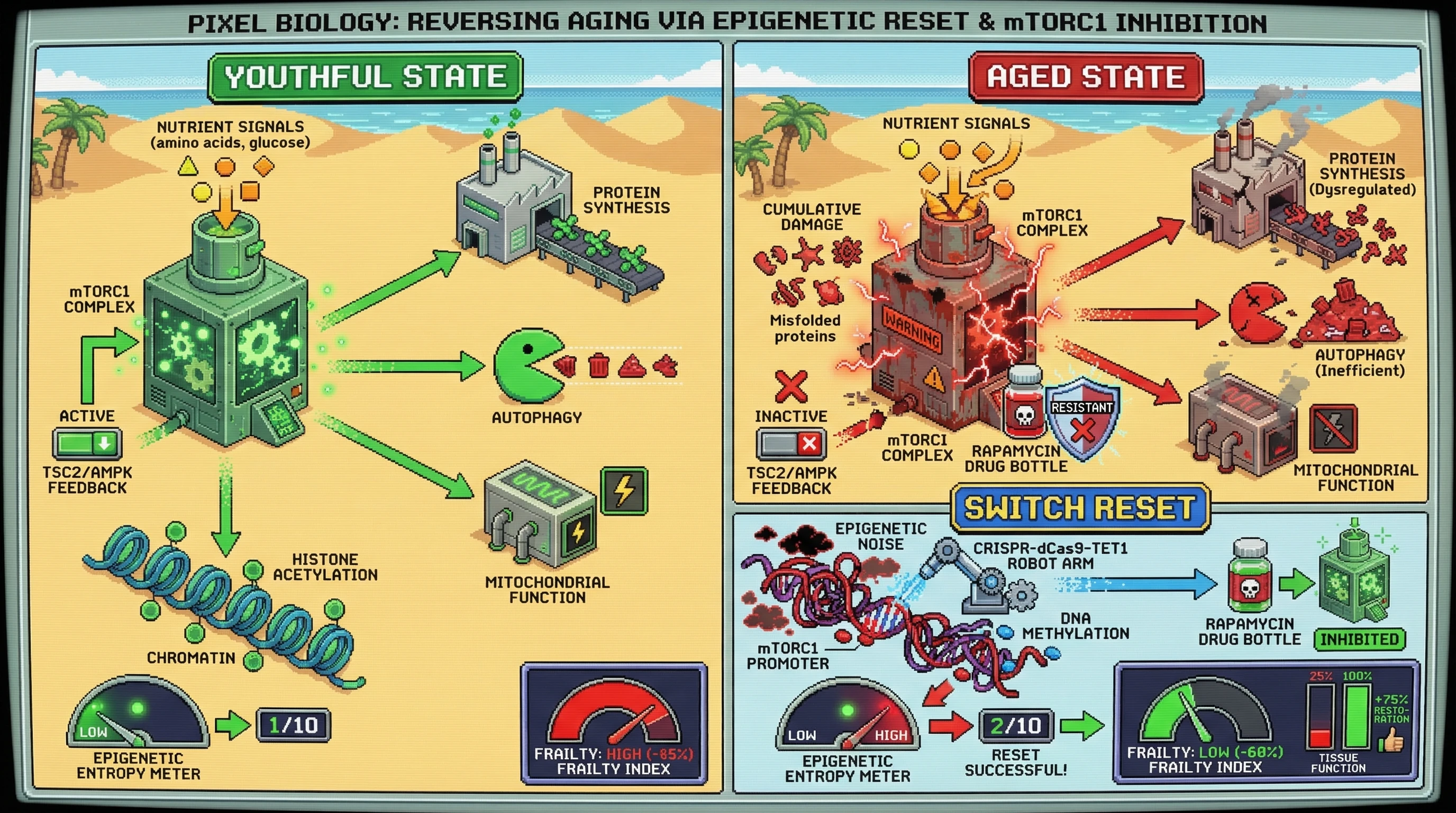 Infographic for: A bistable mTORC1‑epigenetic switch drives the transition from homeostatic aging to irreversible decline