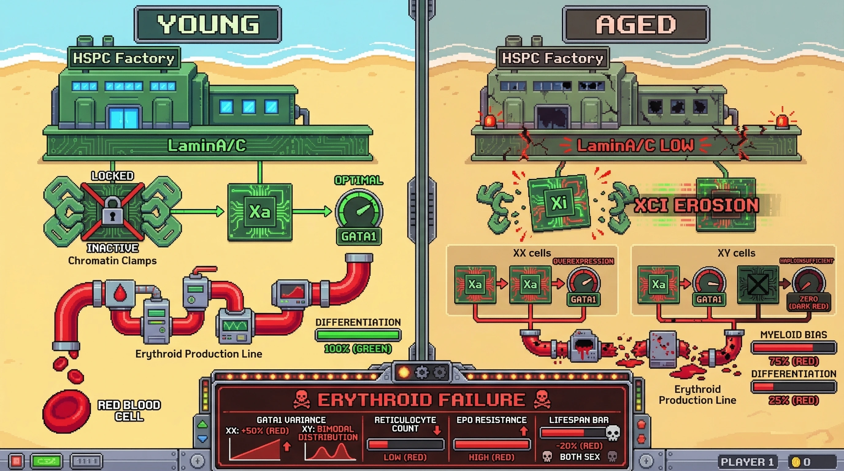 Infographic for: Age‑Dependent Erosion of X‑Chromosome Inactivation Drives Sex‑Specific Erythroid Failure via GATA1 Dosage Imbalance