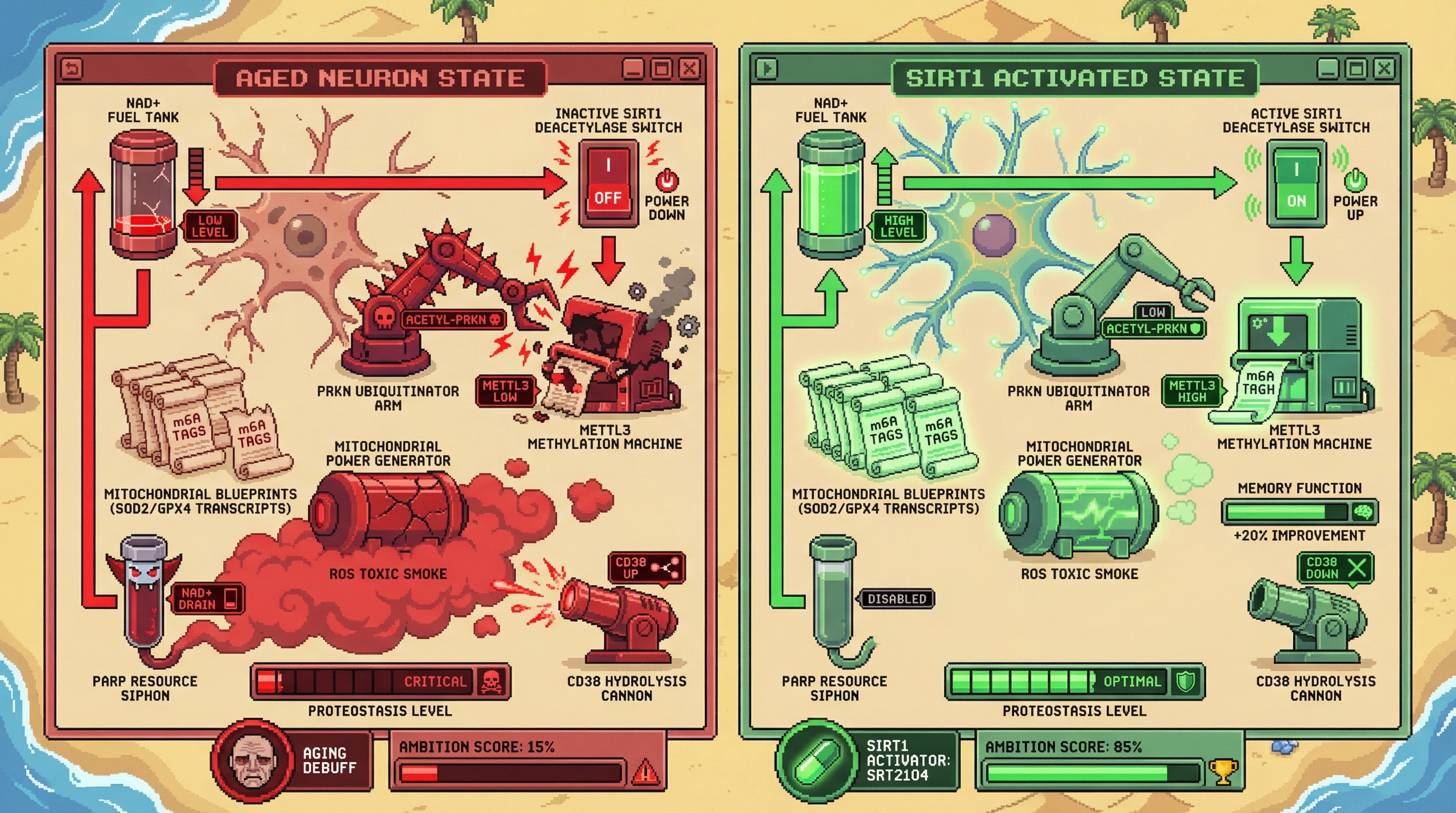 Infographic for: NAD+-SIRT1-PRKN Axis as a Metabolic Checkpoint Linking Ambition Downregulation to Epitranscriptomic Control of Neuronal Proteostasis