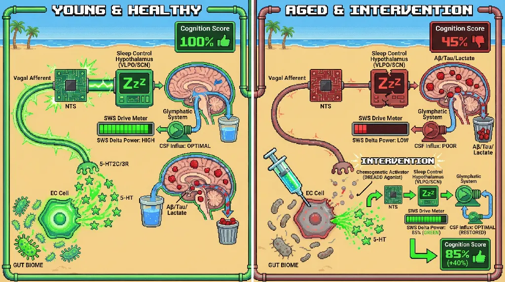 Infographic for: Gut-derived serotonin gates nocturnal glymphatic clearance via vagal-hypothalamic modulation of slow-wave sleep