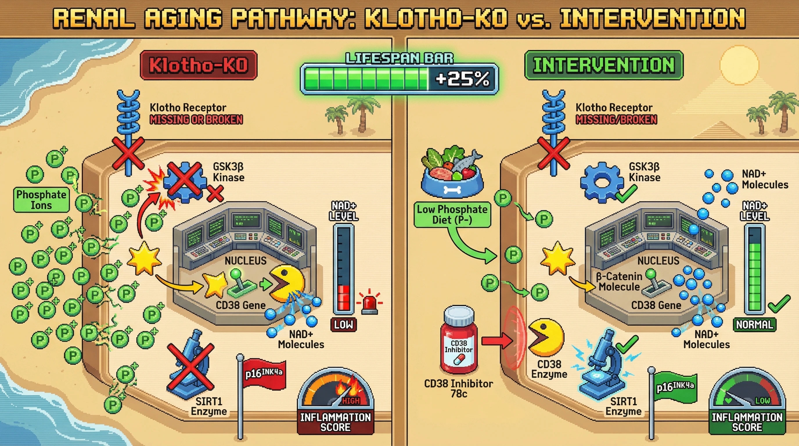Infographic for: Klotho loss drives NAD+ depletion via phosphate‑induced CD38 upregulation
