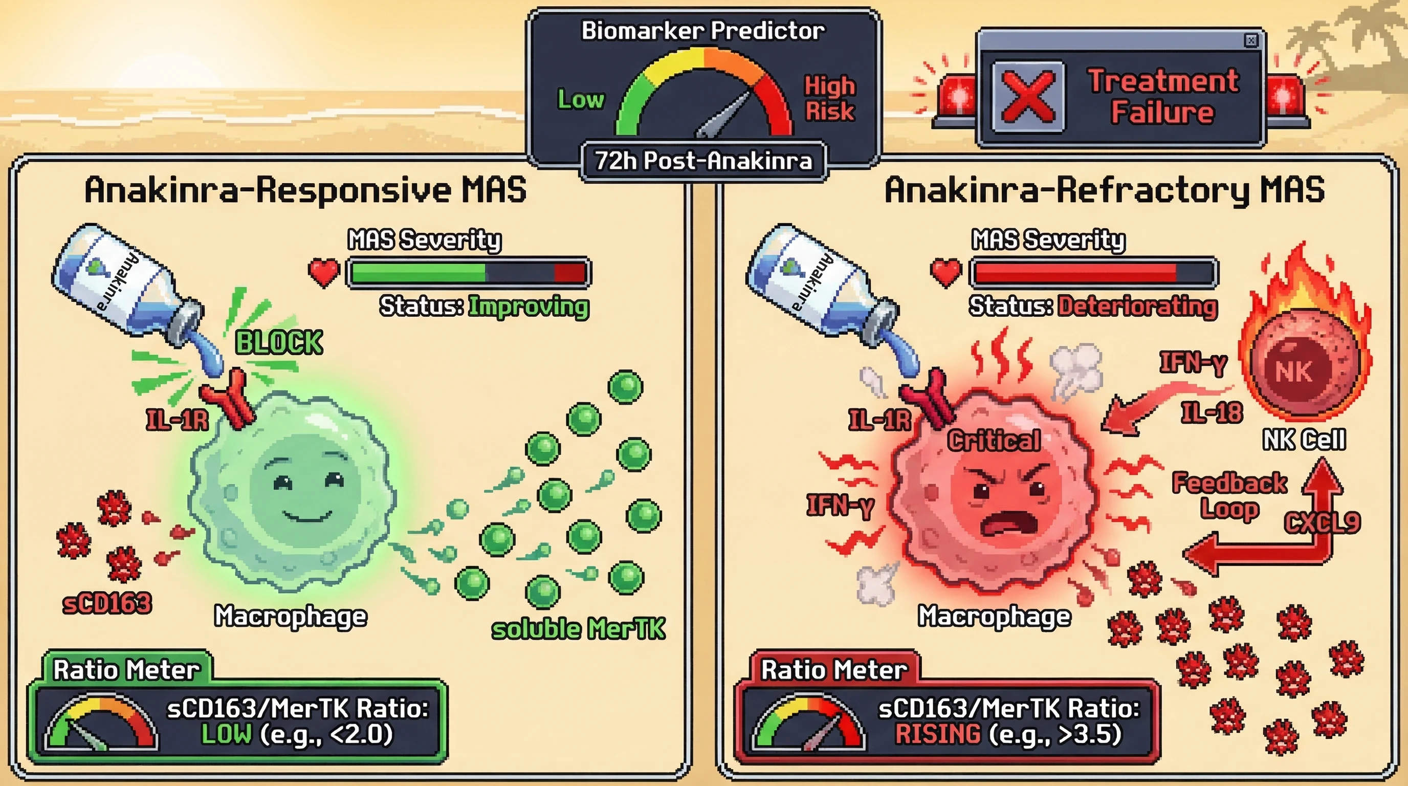 Mechanism: Anakinra blocks IL-1R, but MAS can be refractory if IFN-γ-driven macrophage activation and reduced efferocytic resolution persist. Readout: Readout: A rising sCD163/soluble MerTK ratio at 72h predicts anakinra treatment failure 2-6 weeks before clinical deterioration.
